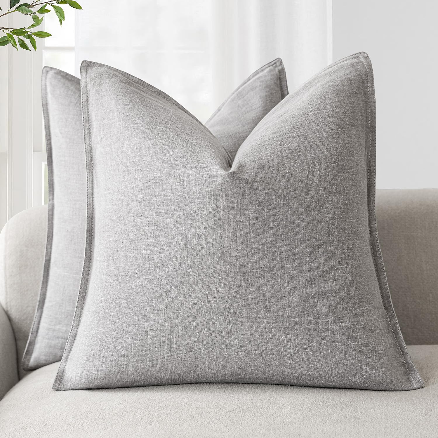 Foindtower Pack of 2, Decorative Linen Soild Throw Pillow Covers Soft Accent Cushion Case Boho Farmhouse Neutral Pillowcase for Couch Sofa Bedroom Living Room Home Decor 18 x 18 Inch Natural Beige