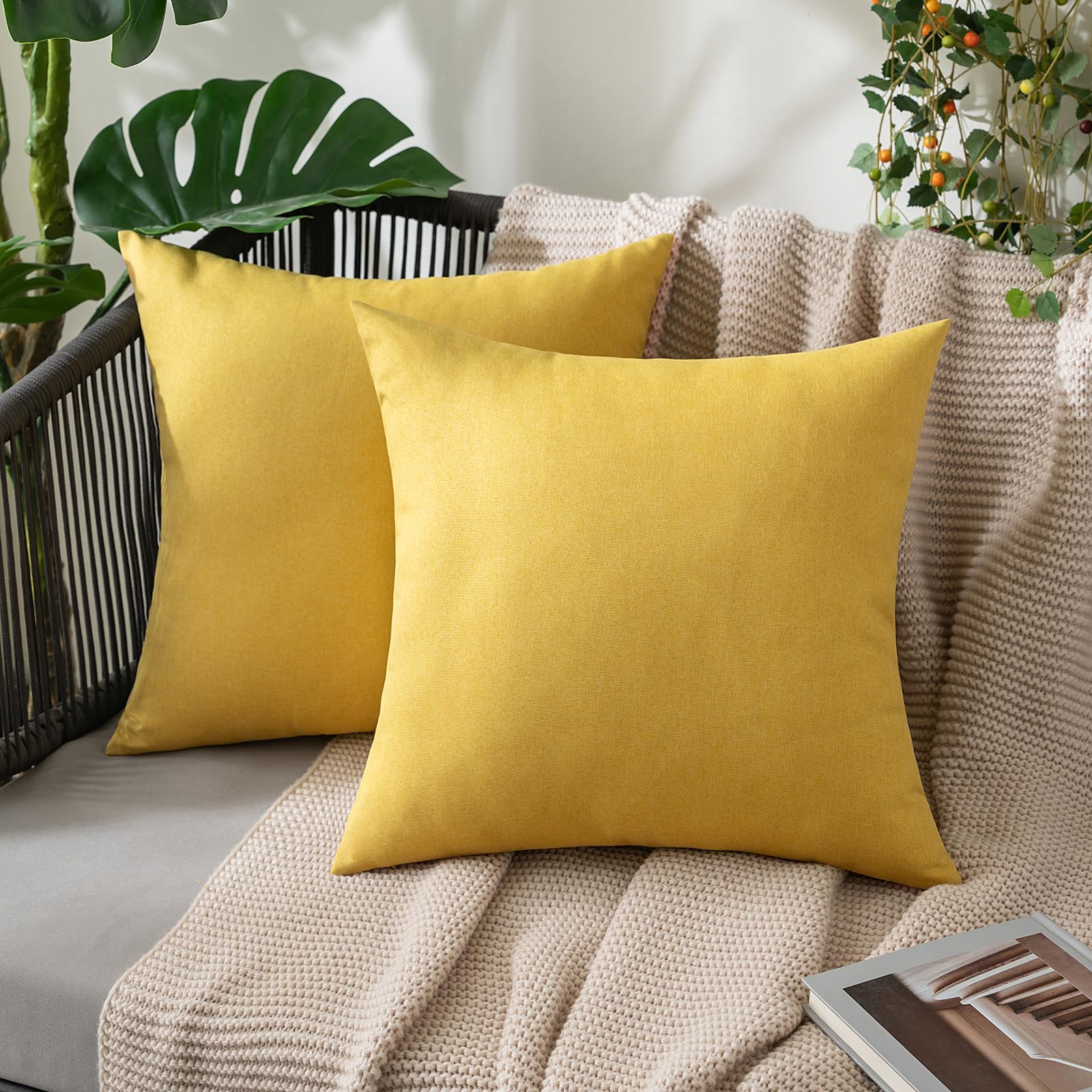 MIULEE Pack of 2 Decorative Outdoor Solid Waterproof Throw Pillow Covers Faux Linen Garden Farmhouse Cushion Cases for Patio Tent Balcony Couch Sofa 18x18 Inch Beige
