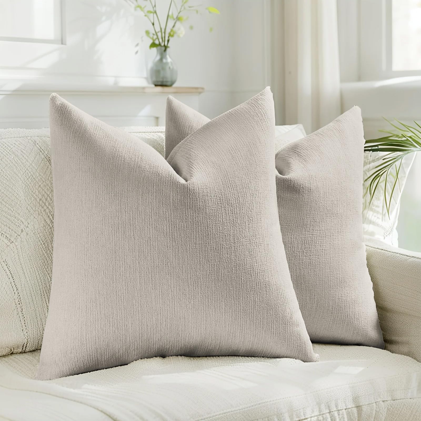 HAUSSY Pack of 2 Linen Pillow Covers 18x18 Inch, Decorative Throw Pillows Soft Boho Neutral Cushion Covers Home Decor Modern Soild Pillow Cases for Couch Living Room Sofa Bed, Coffee (Covers Only)