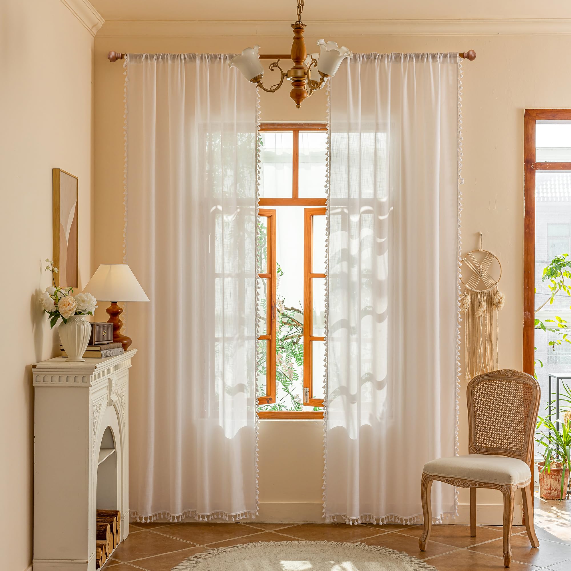 MYSKY HOME Linen Curtains for Living Room, Natural Semi Sheer Curtains & Drapes 84 inches Length 2 Panels Set Farmhouse Country Boho Style Back Tab Draperies for Sliding Glass Door, 50" Wide, Linen