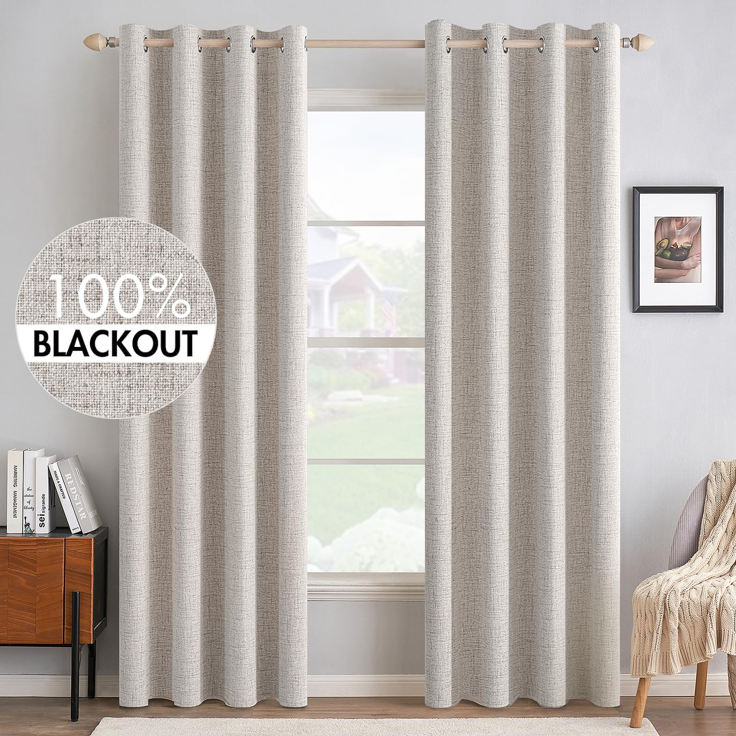 MIULEE 100% Blackout Linen Textured Curtains for Bedroom Solid Thermal Insulated Natural Beige Grommet Room Darkening Curtains & Drapes Luxury Decor for Living Room Nursery 52 x 84 Inch (2 Panels)