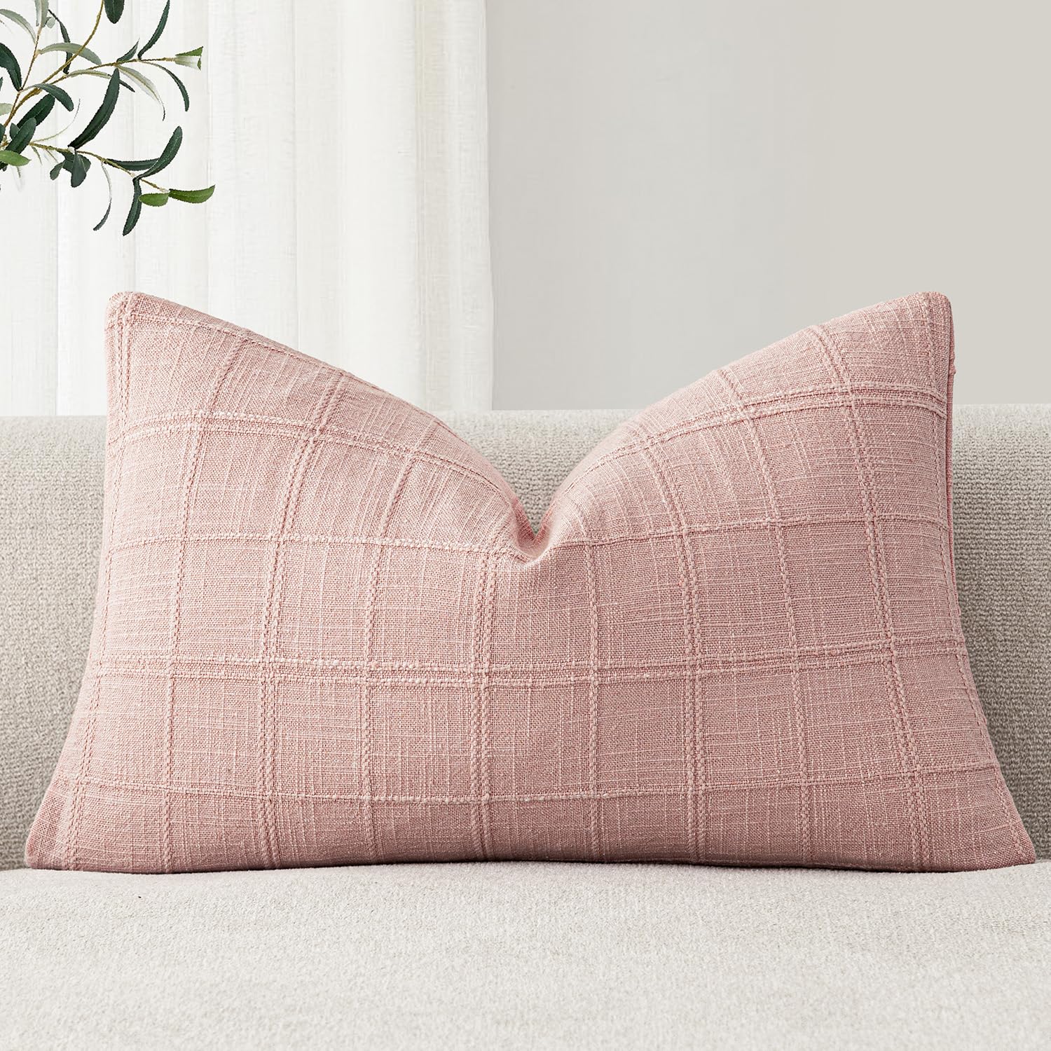 Foindtower Set of 1 Decorative Linen Check Throw Pillow Cover Neutral Farmhouse Lumbar Cushion Cover Modern Boho Home Decor for Sofa Chair Couch Bedroom Living Room,12×20 Inch,Natural Beige