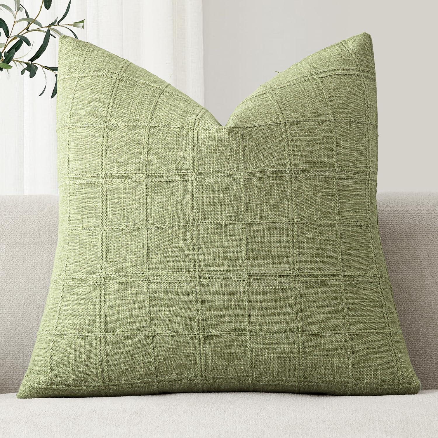 Foindtower Set of 1 Decorative Linen Check Throw Pillow Cover Neutral Farmhouse Lumbar Cushion Cover Modern Boho Home Decor for Sofa Chair Couch Bedroom Living Room,12×20 Inch,Natural Beige