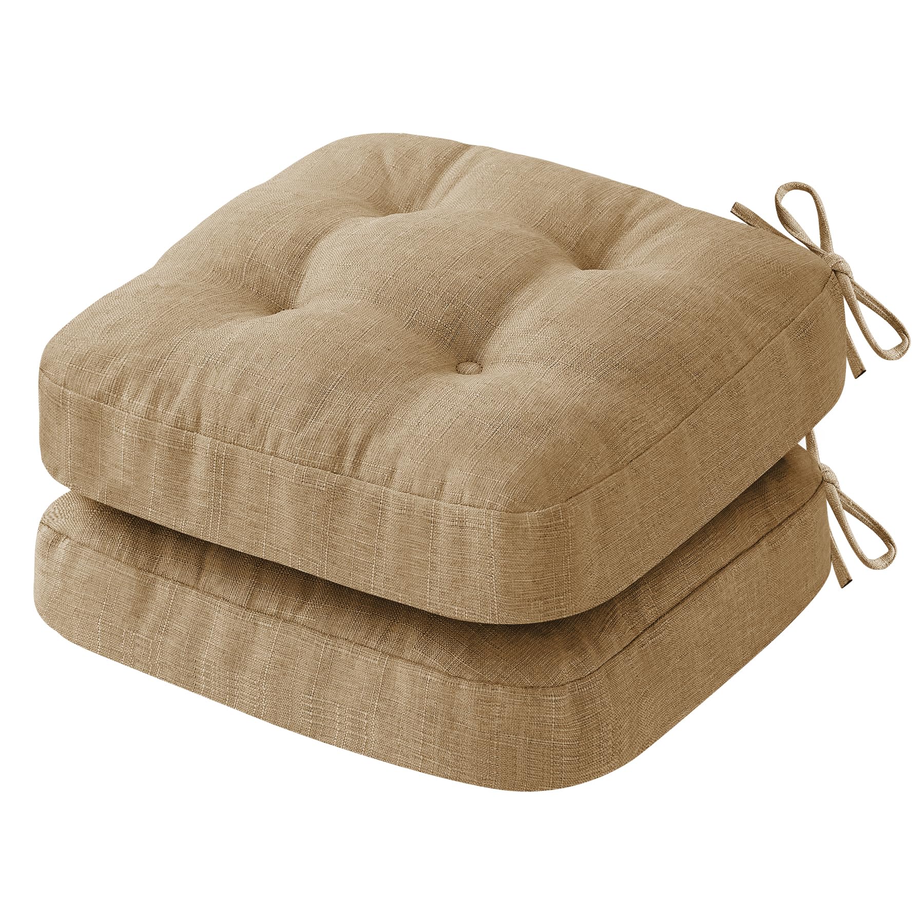 IASEAHK Chair Cushions for Dining Chairs, Dining Chair Cushions, Tufted Indoor Chair Pads with Ties & Non Slip Backing, Seat Cushions for Kitchen Chairs 16.5” x 16.5” x 3.5”, Set of 2, Beige