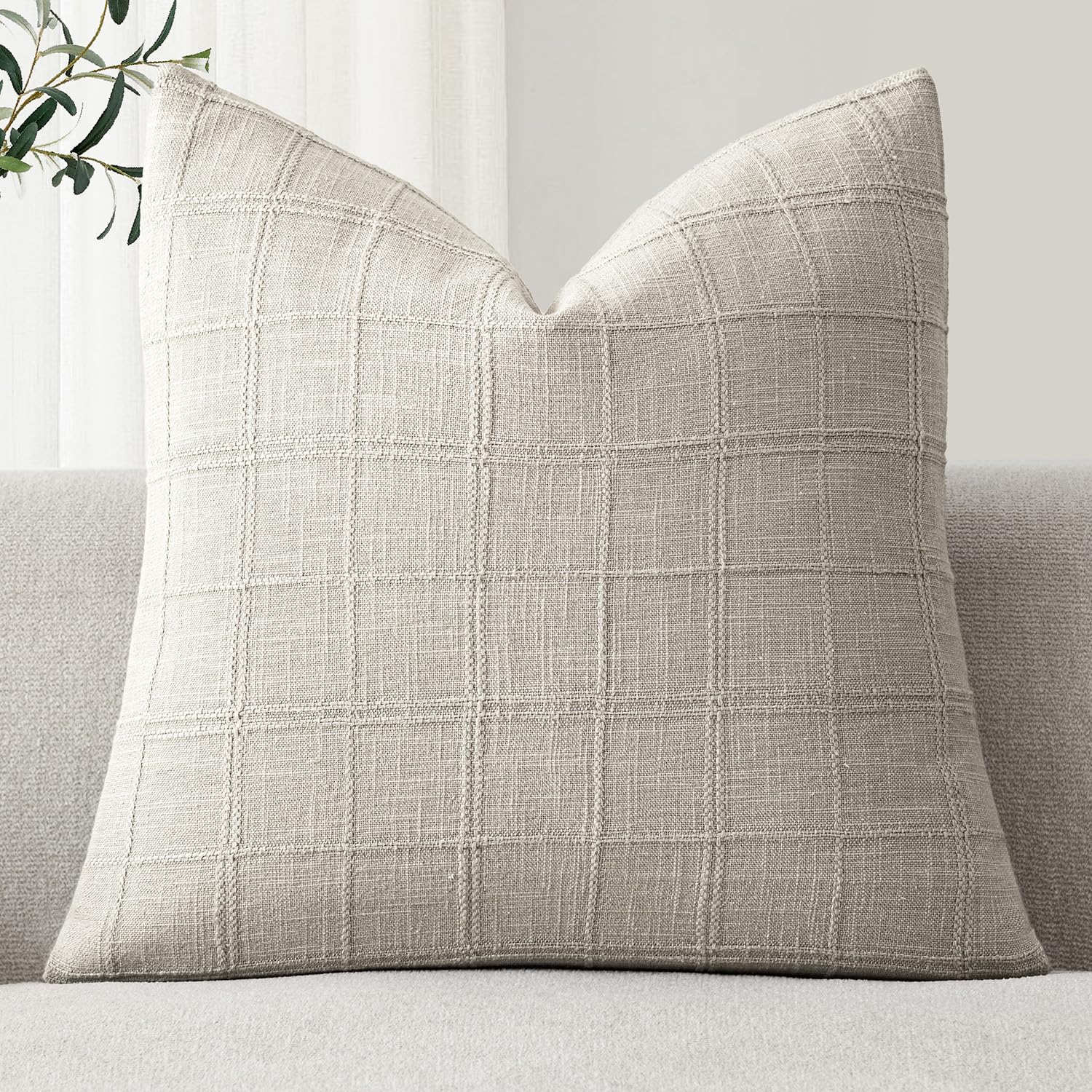 Foindtower Set of 1 Decorative Linen Check Throw Pillow Cover Neutral Farmhouse Lumbar Cushion Cover Modern Boho Home Decor for Sofa Chair Couch Bedroom Living Room,12×20 Inch,Natural Beige