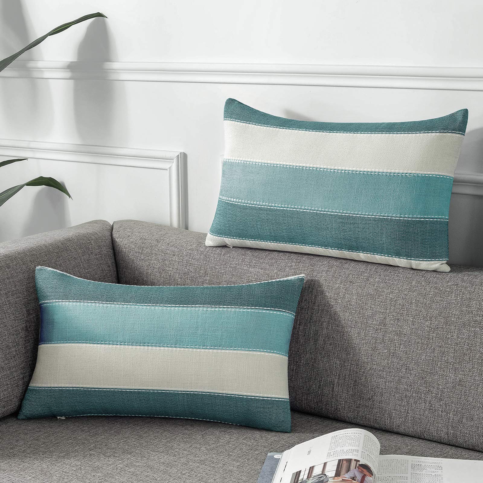 AmHoo Pack of 2 Farmhouse Stripe Check Throw Pillow Covers Set Case Cotton Linen Decorative Pillowcases Cushion Cover for Couch Bench Sofa 20x20 Inch Sage Green