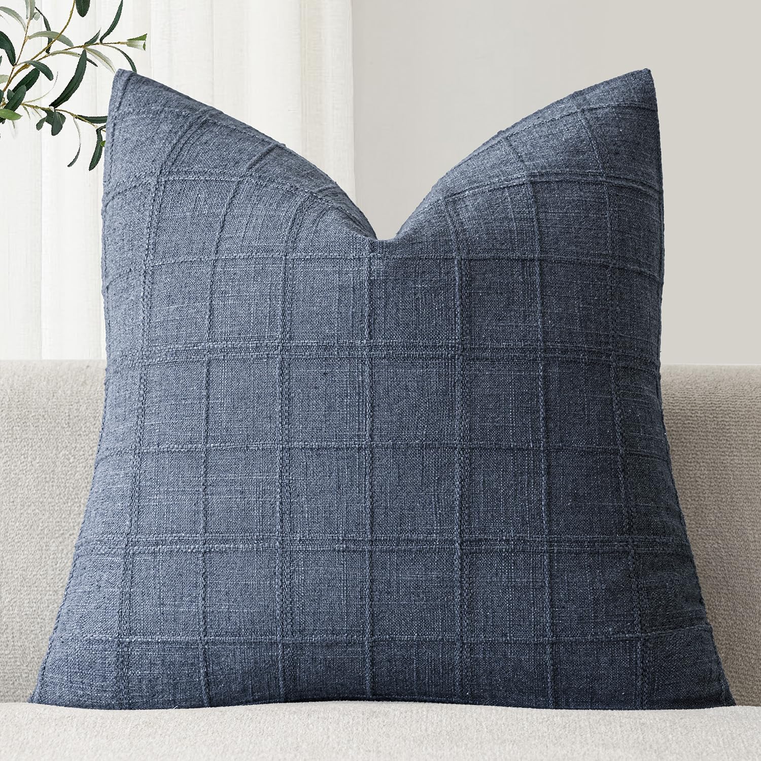 Foindtower Set of 1 Decorative Linen Check Throw Pillow Cover Neutral Farmhouse Lumbar Cushion Cover Modern Boho Home Decor for Sofa Chair Couch Bedroom Living Room,12×20 Inch,Natural Beige