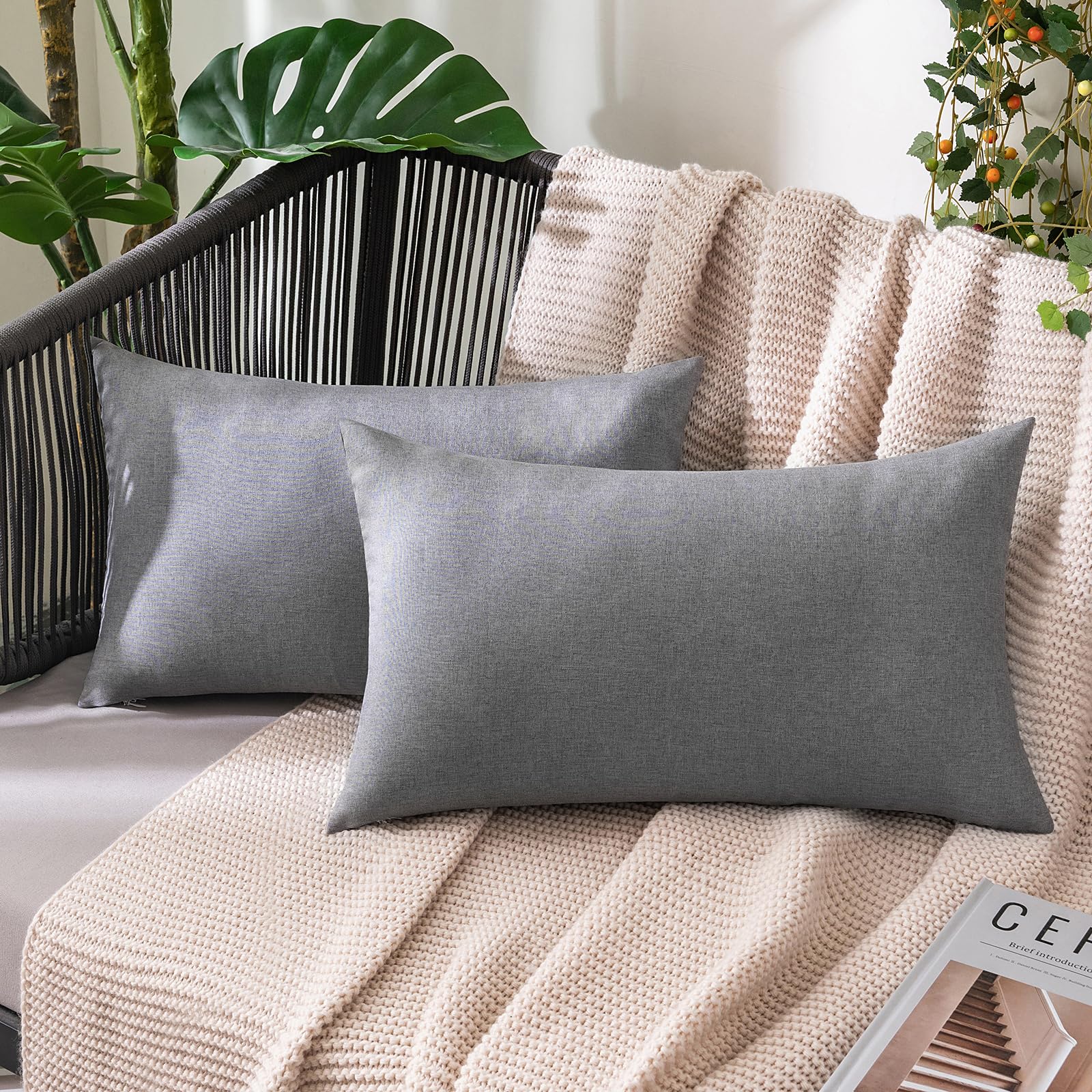 MIULEE Pack of 2 Decorative Outdoor Solid Waterproof Throw Pillow Covers Faux Linen Garden Farmhouse Cushion Cases for Patio Tent Balcony Couch Sofa 18x18 Inch Beige