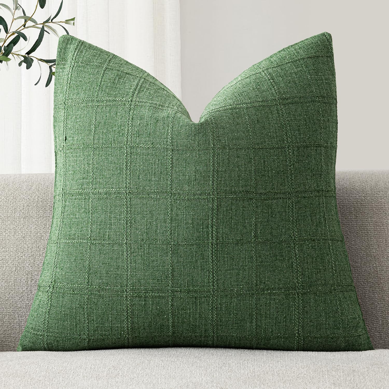 Foindtower Set of 1 Decorative Linen Check Throw Pillow Cover Neutral Farmhouse Lumbar Cushion Cover Modern Boho Home Decor for Sofa Chair Couch Bedroom Living Room,12×20 Inch,Natural Beige