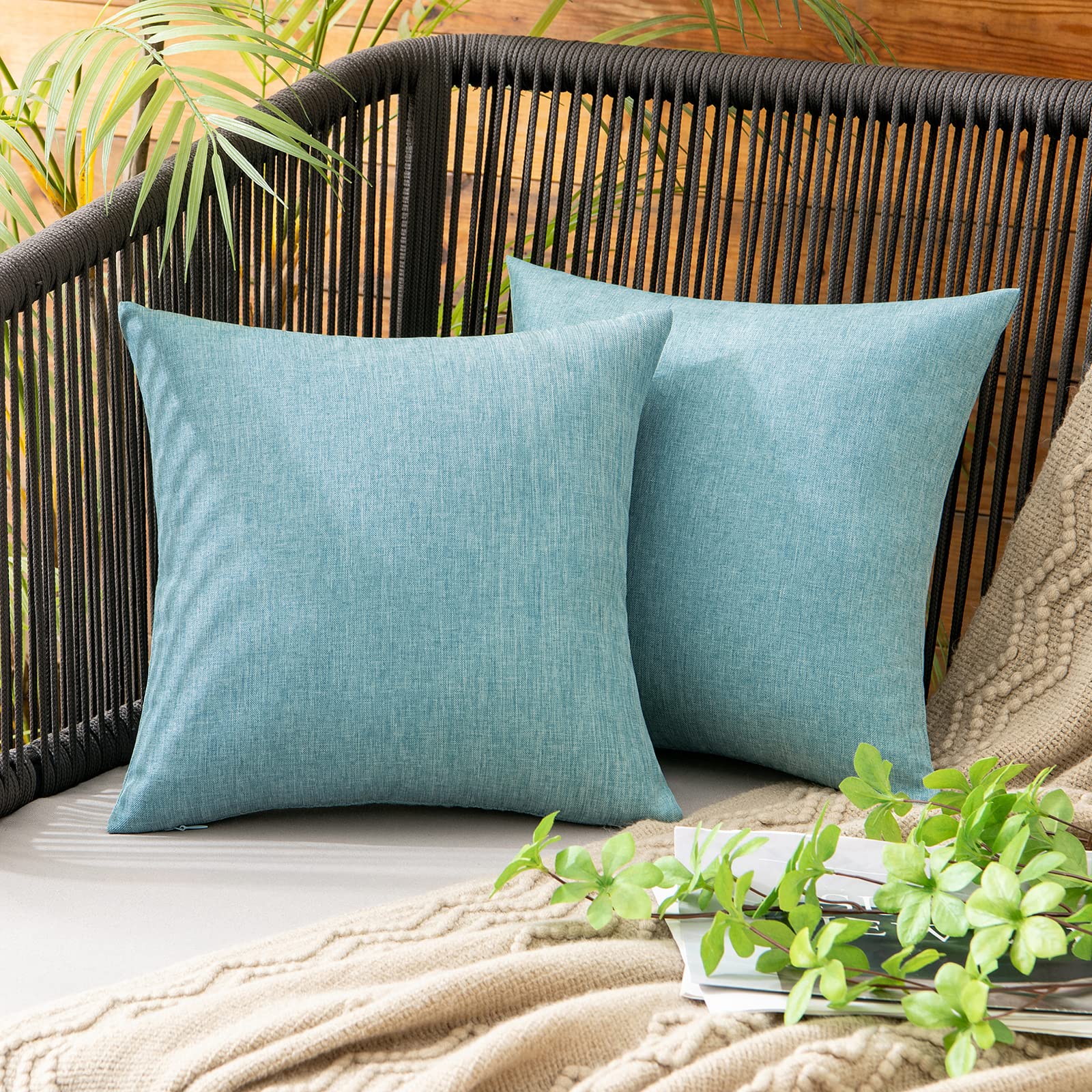 MIULEE Pack of 2 Decorative Outdoor Solid Waterproof Throw Pillow Covers Faux Linen Garden Farmhouse Cushion Cases for Patio Tent Balcony Couch Sofa 18x18 Inch Beige
