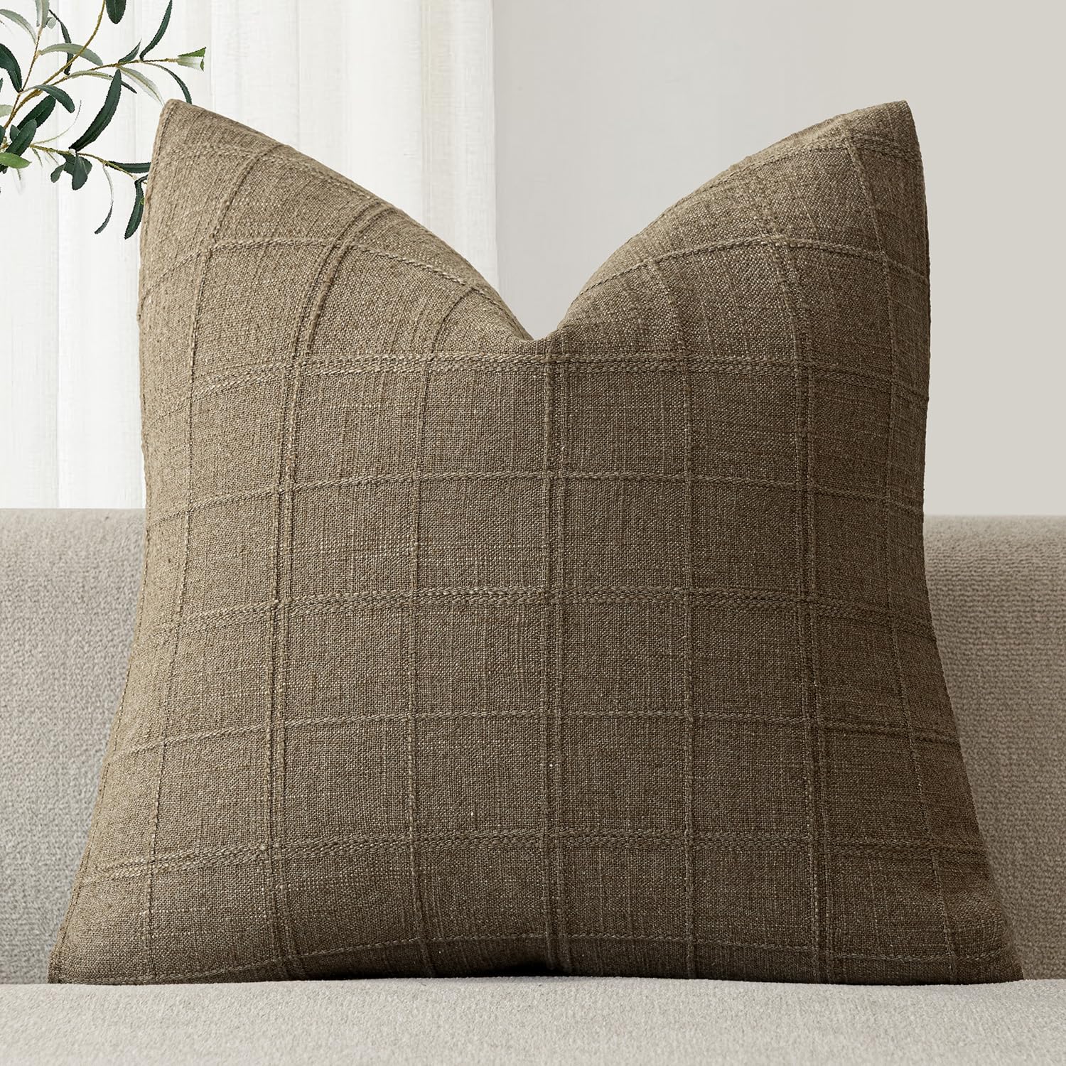 Foindtower Set of 1 Decorative Linen Check Throw Pillow Cover Neutral Farmhouse Lumbar Cushion Cover Modern Boho Home Decor for Sofa Chair Couch Bedroom Living Room,12×20 Inch,Natural Beige