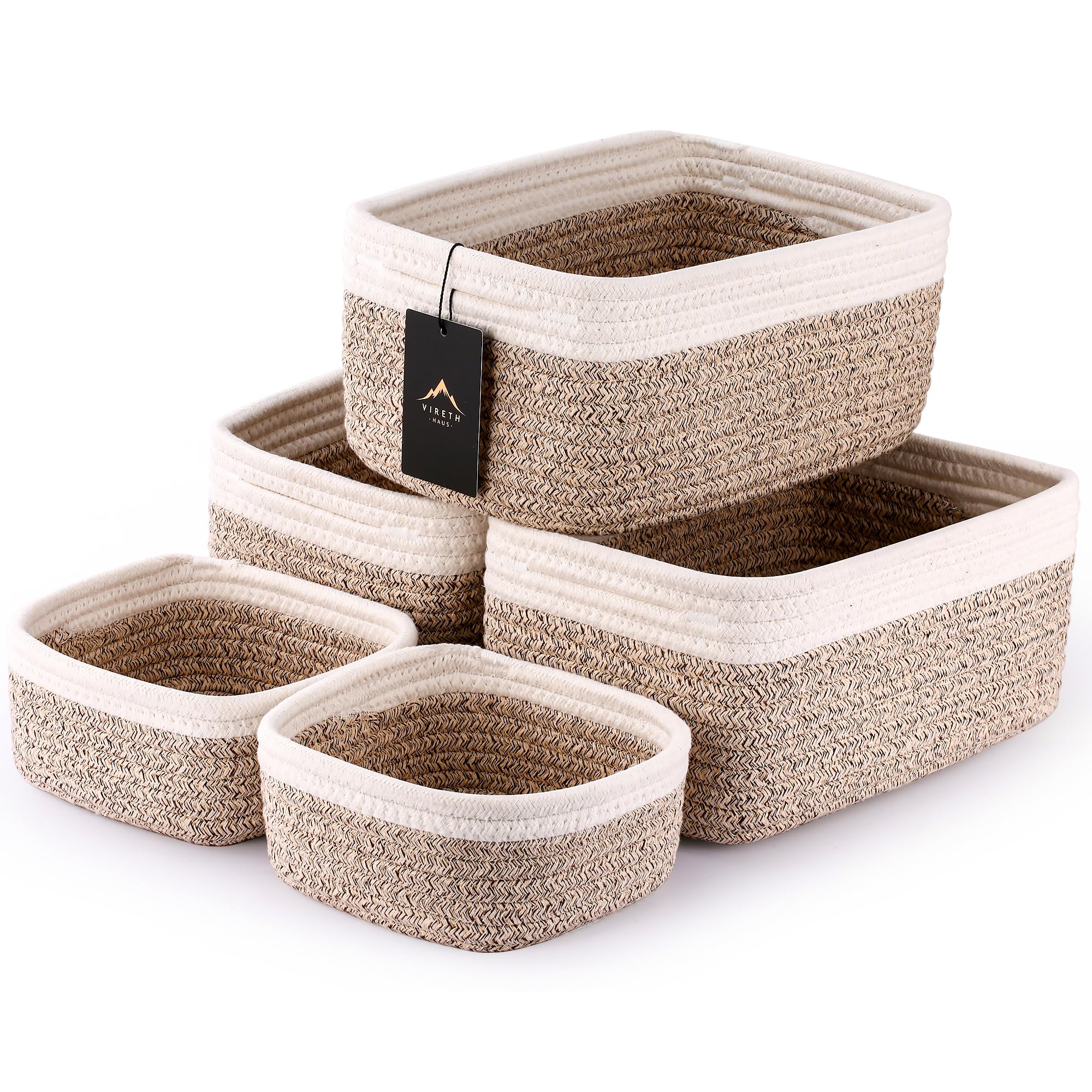 5-Pack Small Woven Rope Storage Baskets – 2 Sizes Organizer Bins for Closet, Shelf, Bookshelf, Nursery, Changing Table, Fabric Cube Boxes, Rectangular Shallow Bins for Bathroom, Toy & Home