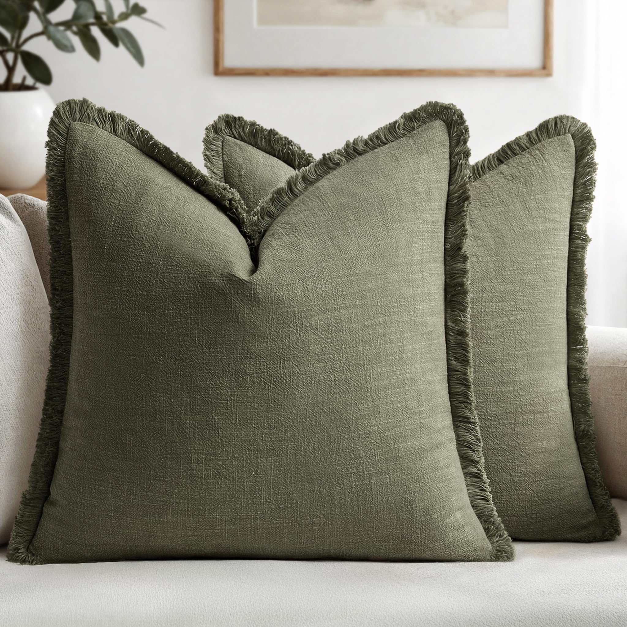 MIULEE Decorative Throw Pillow Covers Neutral Linen Fringe Throw Pillows Set of 2 Natural Beige Boho Farmhouse Cushion Cases with Tassels for Couch Sofa Bed Living Room Spring Decor 18x18 Inch