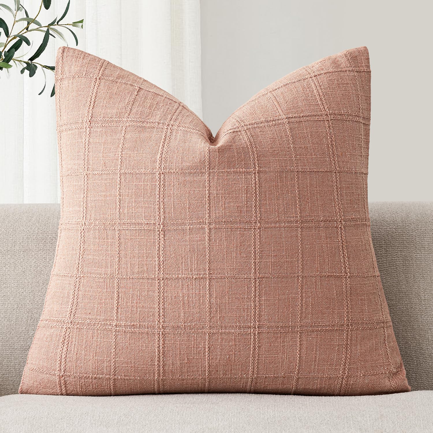 Foindtower Set of 1 Decorative Linen Check Throw Pillow Cover Neutral Farmhouse Lumbar Cushion Cover Modern Boho Home Decor for Sofa Chair Couch Bedroom Living Room,12×20 Inch,Natural Beige