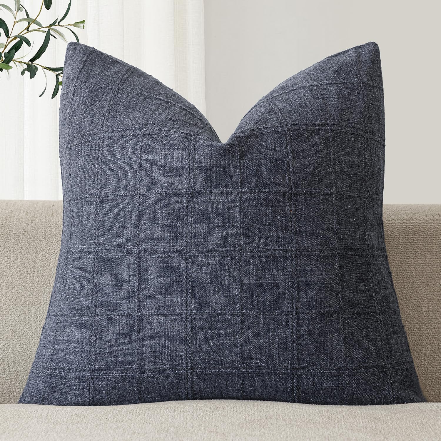 Foindtower Set of 1 Decorative Linen Check Throw Pillow Cover Neutral Farmhouse Lumbar Cushion Cover Modern Boho Home Decor for Sofa Chair Couch Bedroom Living Room,12×20 Inch,Natural Beige