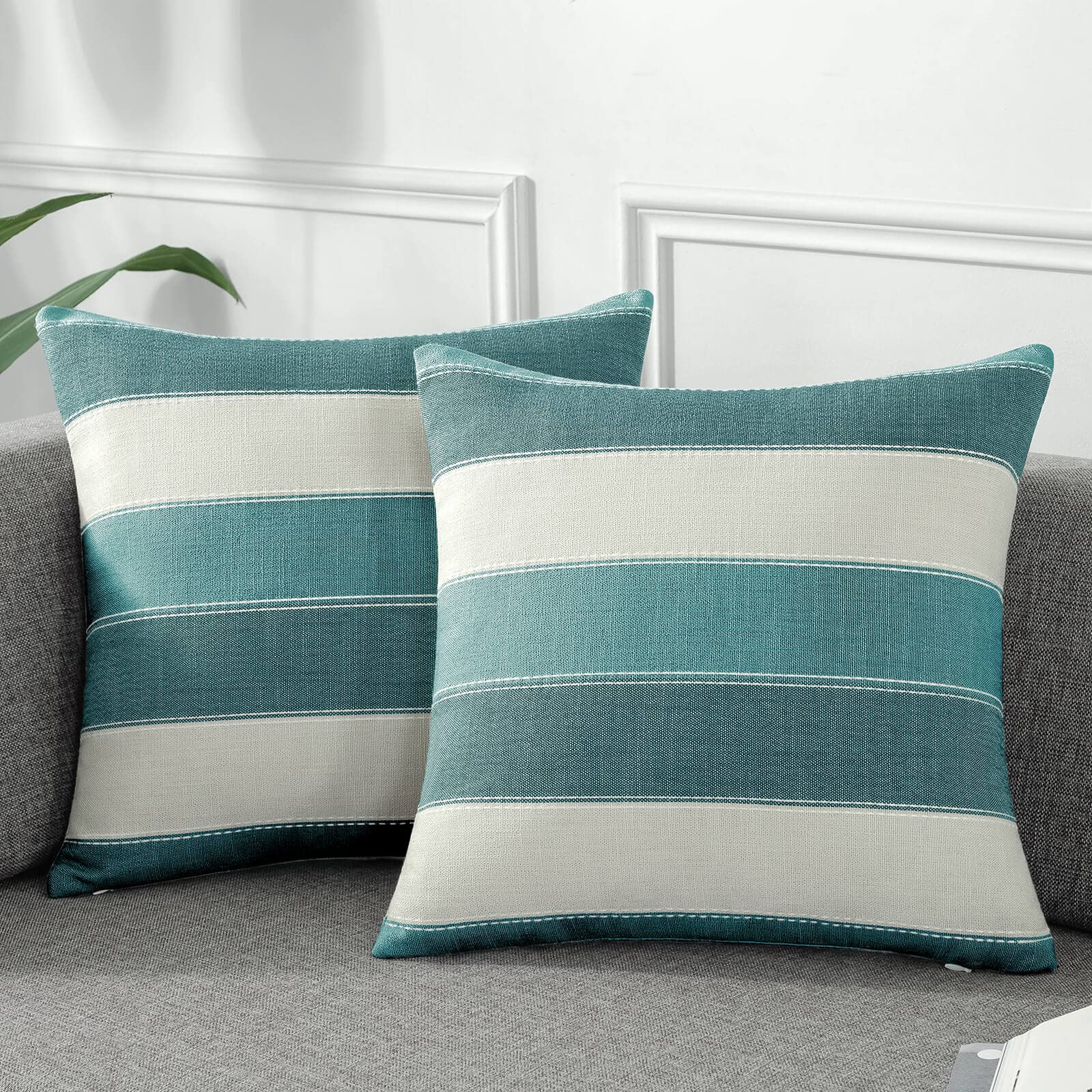 AmHoo Pack of 2 Farmhouse Stripe Check Throw Pillow Covers Set Case Cotton Linen Decorative Pillowcases Cushion Cover for Couch Bench Sofa 20x20 Inch Sage Green