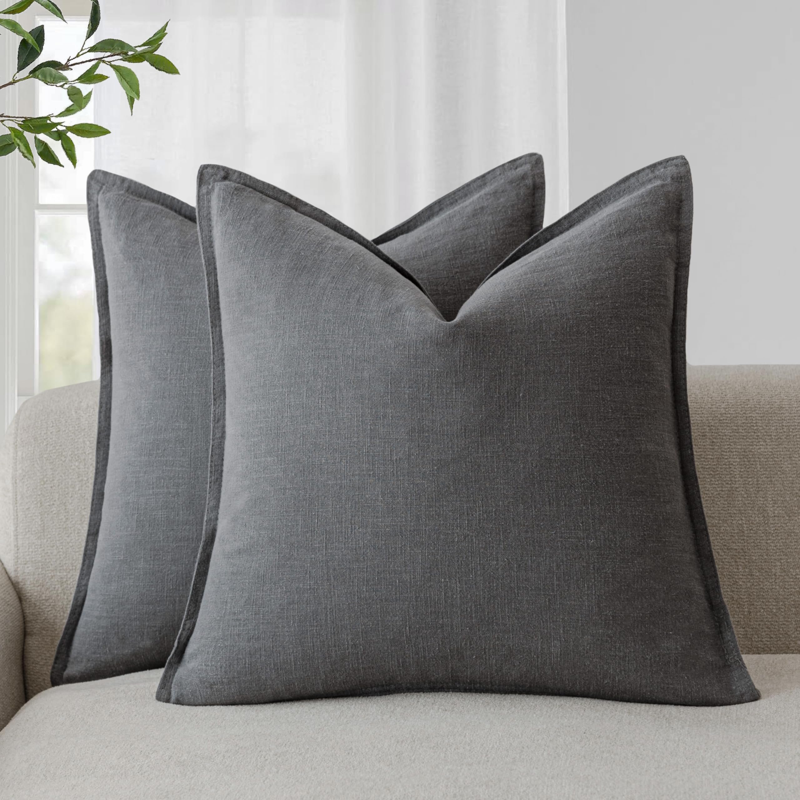 Foindtower Pack of 2, Decorative Linen Soild Throw Pillow Covers Soft Accent Cushion Case Boho Farmhouse Neutral Pillowcase for Couch Sofa Bedroom Living Room Home Decor 18 x 18 Inch Natural Beige