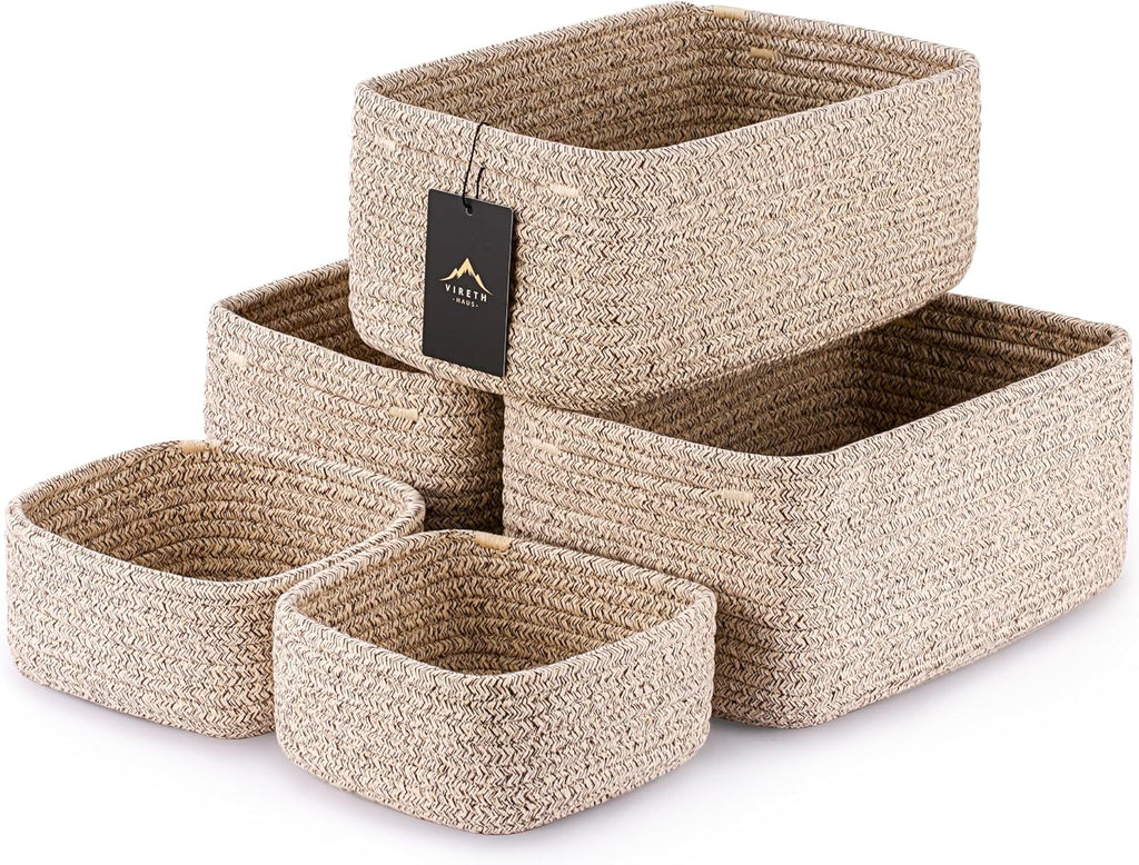 5-Pack Small Woven Rope Storage Baskets – 2 Sizes Organizer Bins for Closet, Shelf, Bookshelf, Nursery, Changing Table, Fabric Cube Boxes, Rectangular Shallow Bins for Bathroom, Toy & Home