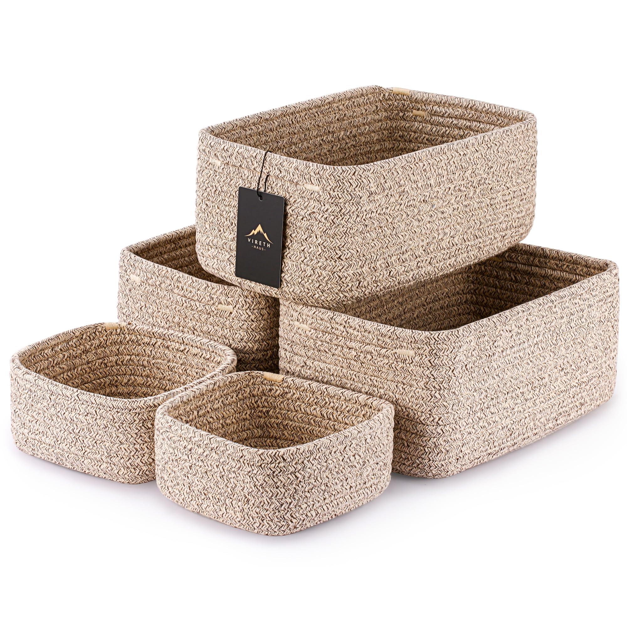 5-Pack Small Woven Rope Storage Baskets – 2 Sizes Organizer Bins for Closet, Shelf, Bookshelf, Nursery, Changing Table, Fabric Cube Boxes, Rectangular Shallow Bins for Bathroom, Toy & Home