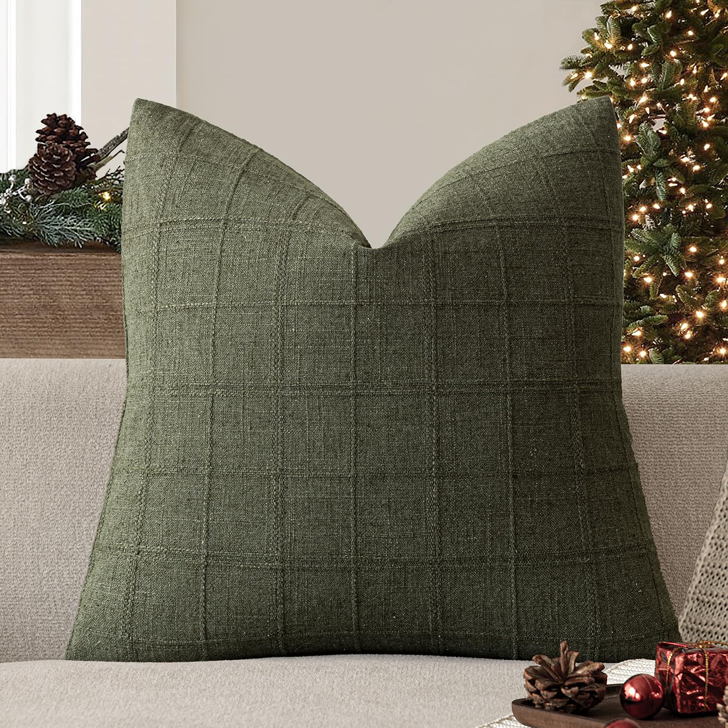 Foindtower Set of 1 Decorative Linen Check Throw Pillow Cover Neutral Farmhouse Lumbar Cushion Cover Modern Boho Home Decor for Sofa Chair Couch Bedroom Living Room,12×20 Inch,Natural Beige