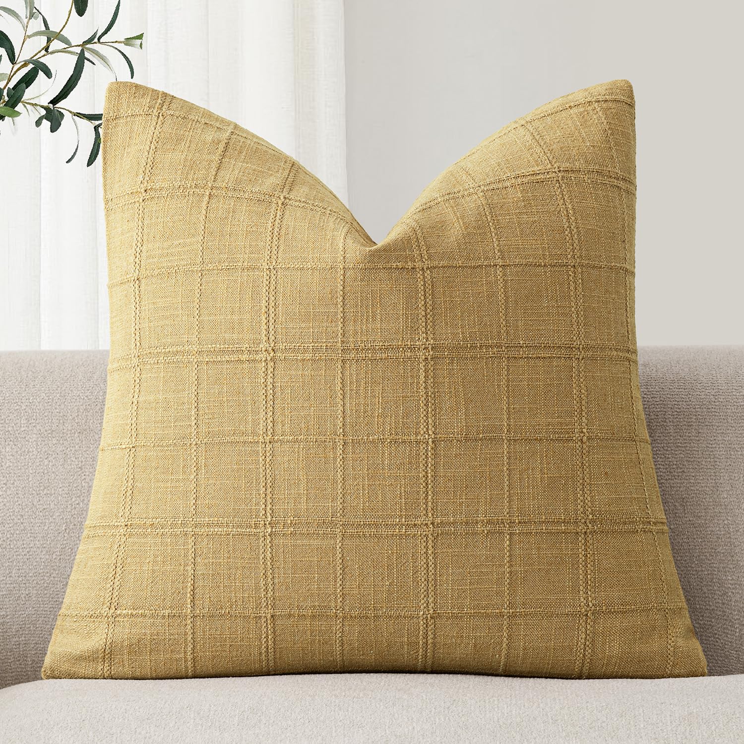 Foindtower Set of 1 Decorative Linen Check Throw Pillow Cover Neutral Farmhouse Lumbar Cushion Cover Modern Boho Home Decor for Sofa Chair Couch Bedroom Living Room,12×20 Inch,Natural Beige