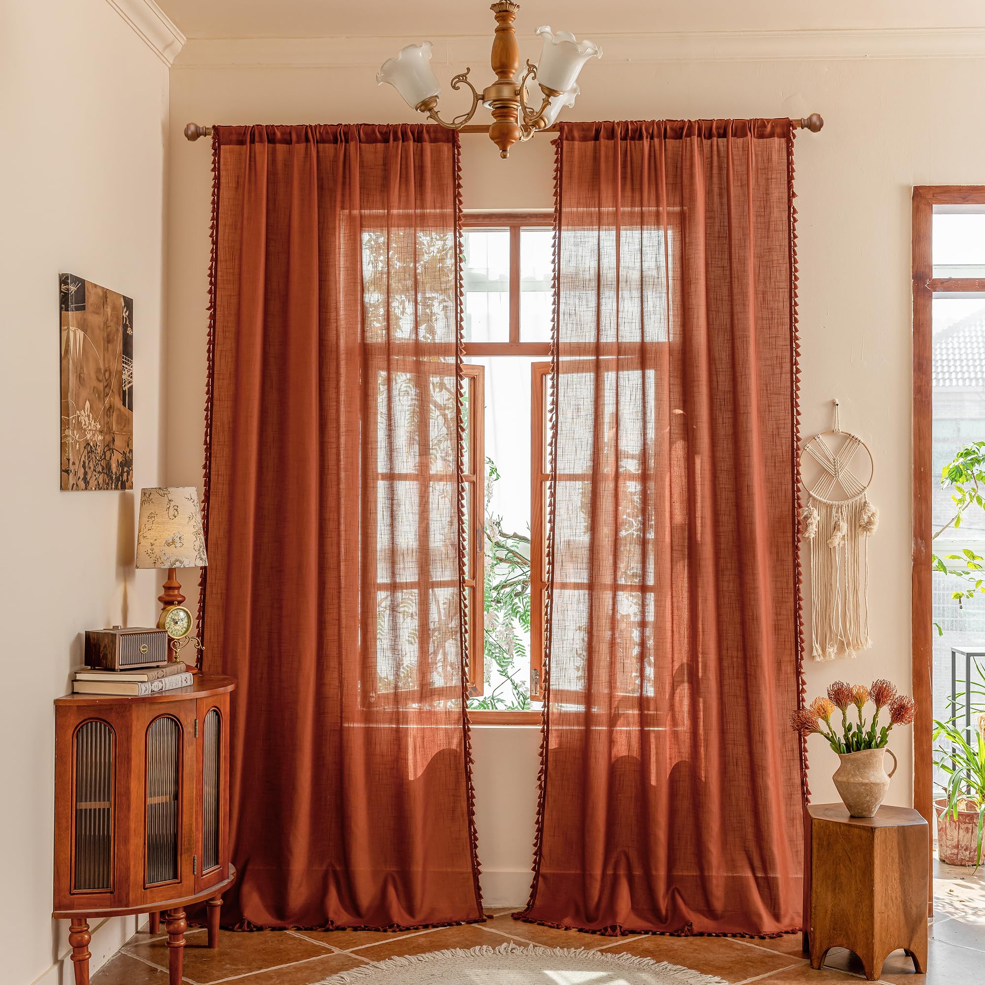 MYSKY HOME Linen Curtains for Living Room, Natural Semi Sheer Curtains & Drapes 84 inches Length 2 Panels Set Farmhouse Country Boho Style Back Tab Draperies for Sliding Glass Door, 50" Wide, Linen