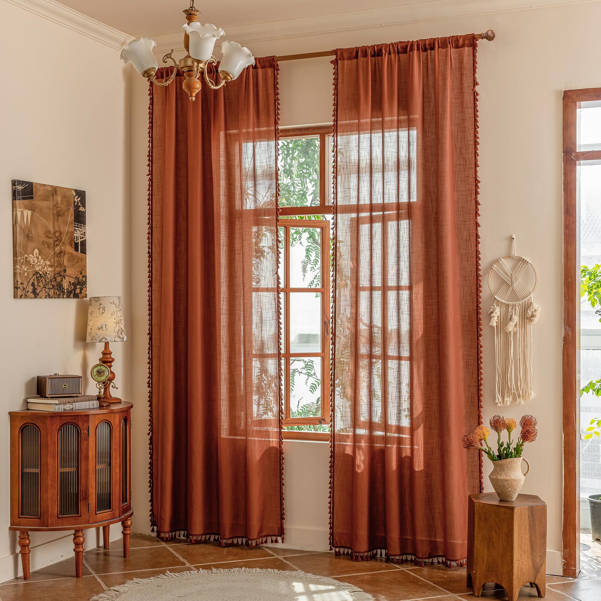 MYSKY HOME Linen Curtains for Living Room, Natural Semi Sheer Curtains & Drapes 84 inches Length 2 Panels Set Farmhouse Country Boho Style Back Tab Draperies for Sliding Glass Door, 50" Wide, Linen