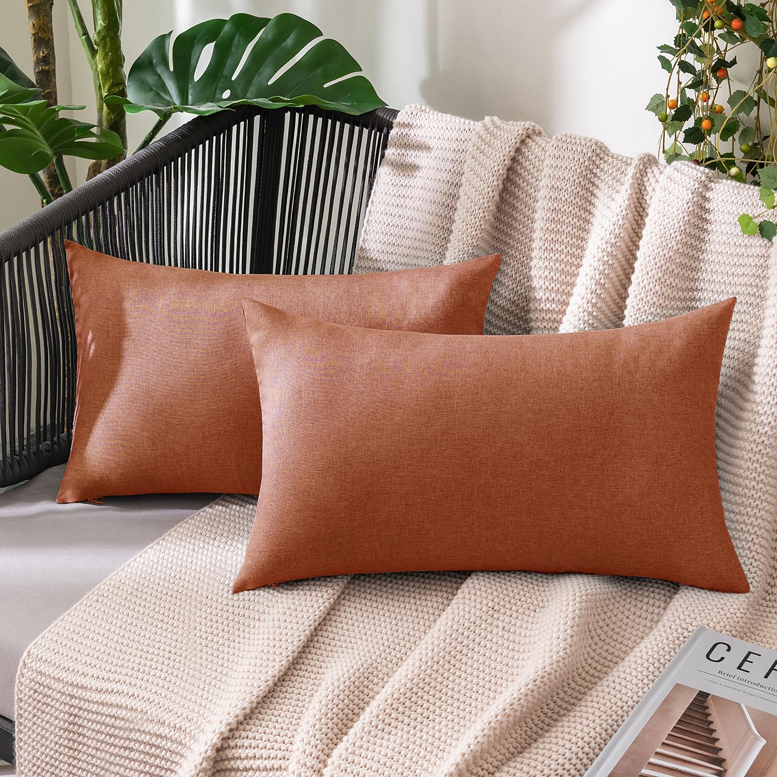 MIULEE Pack of 2 Decorative Outdoor Solid Waterproof Throw Pillow Covers Faux Linen Garden Farmhouse Cushion Cases for Patio Tent Balcony Couch Sofa 18x18 Inch Beige