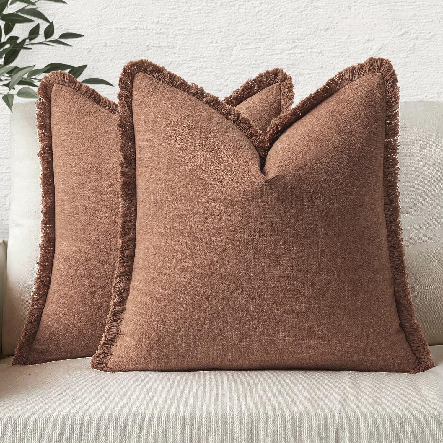MIULEE Decorative Throw Pillow Covers Neutral Linen Fringe Throw Pillows Set of 2 Natural Beige Boho Farmhouse Cushion Cases with Tassels for Couch Sofa Bed Living Room Spring Decor 18x18 Inch