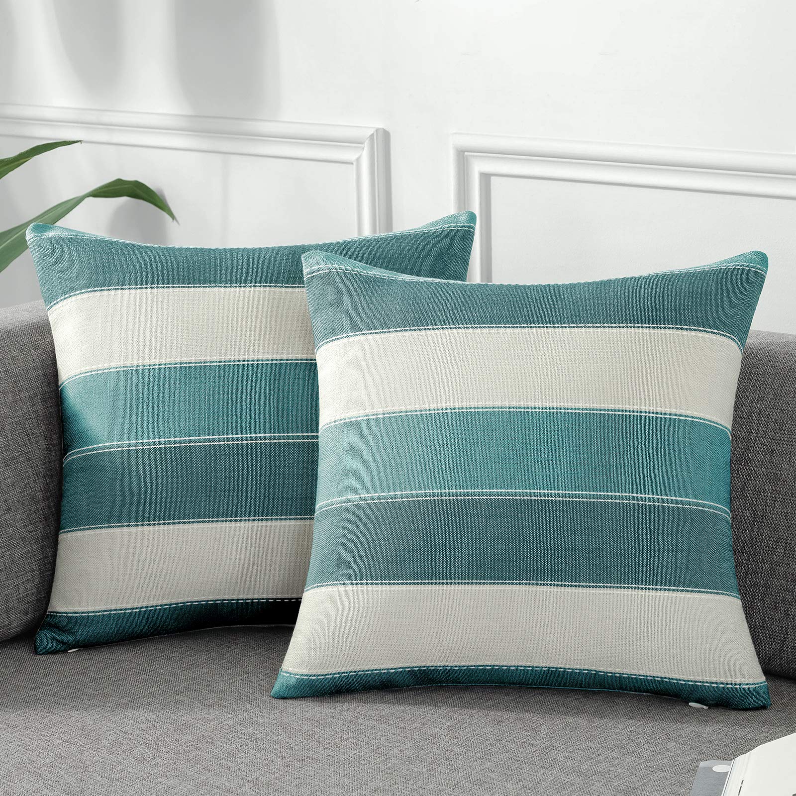 AmHoo Pack of 2 Farmhouse Stripe Check Throw Pillow Covers Set Case Cotton Linen Decorative Pillowcases Cushion Cover for Couch Bench Sofa 20x20 Inch Sage Green