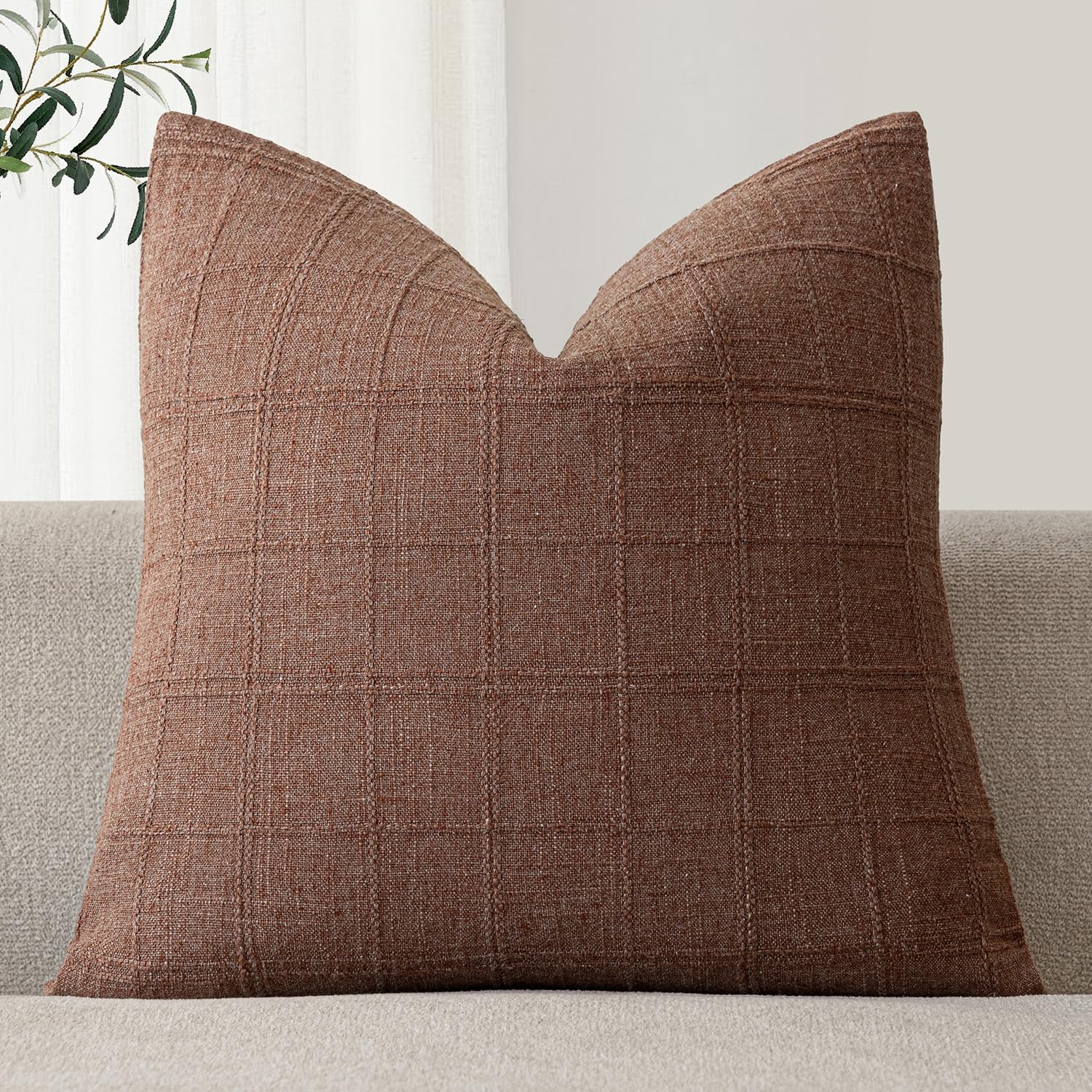 Foindtower Set of 1 Decorative Linen Check Throw Pillow Cover Neutral Farmhouse Lumbar Cushion Cover Modern Boho Home Decor for Sofa Chair Couch Bedroom Living Room,12×20 Inch,Natural Beige