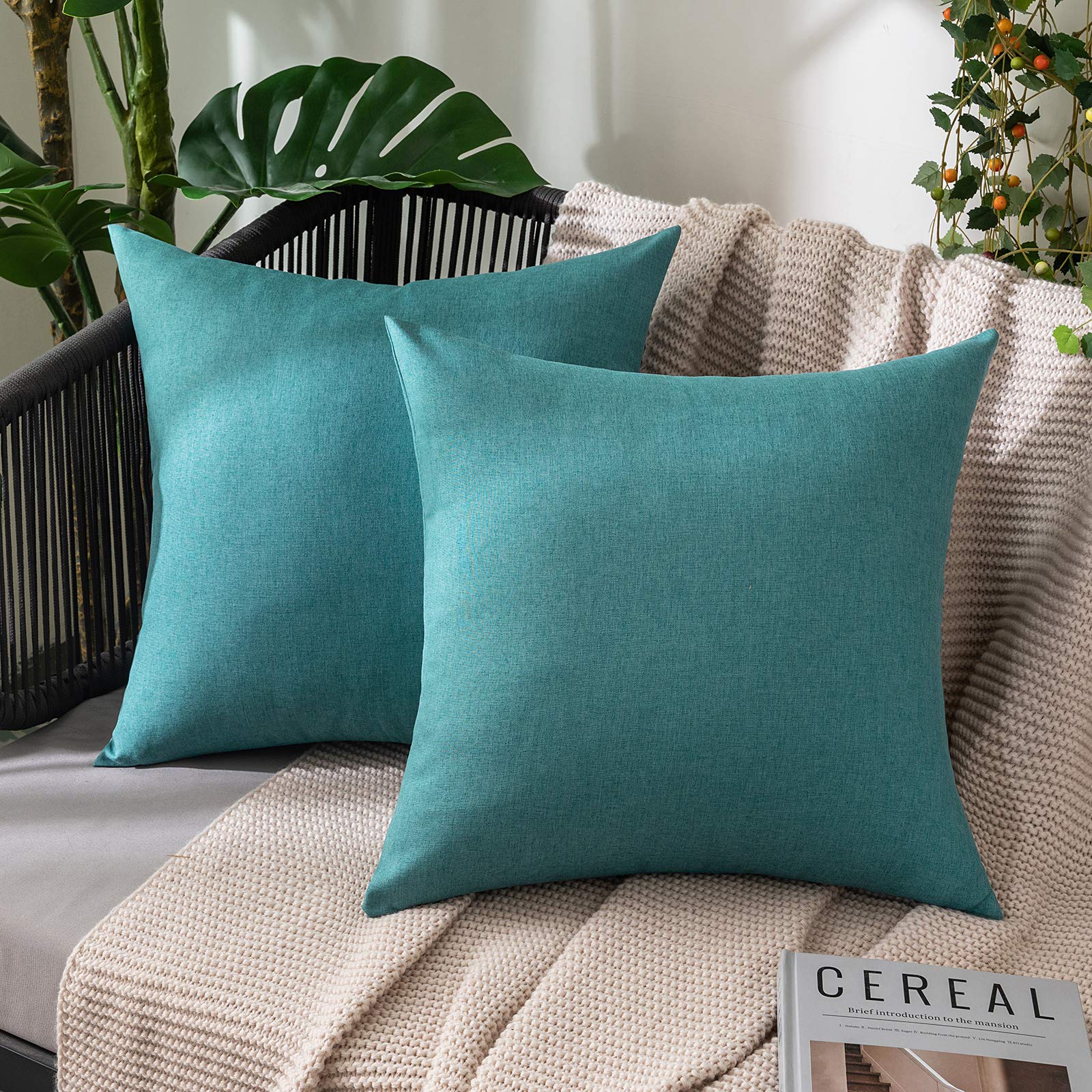 MIULEE Pack of 2 Decorative Outdoor Solid Waterproof Throw Pillow Covers Faux Linen Garden Farmhouse Cushion Cases for Patio Tent Balcony Couch Sofa 18x18 Inch Beige