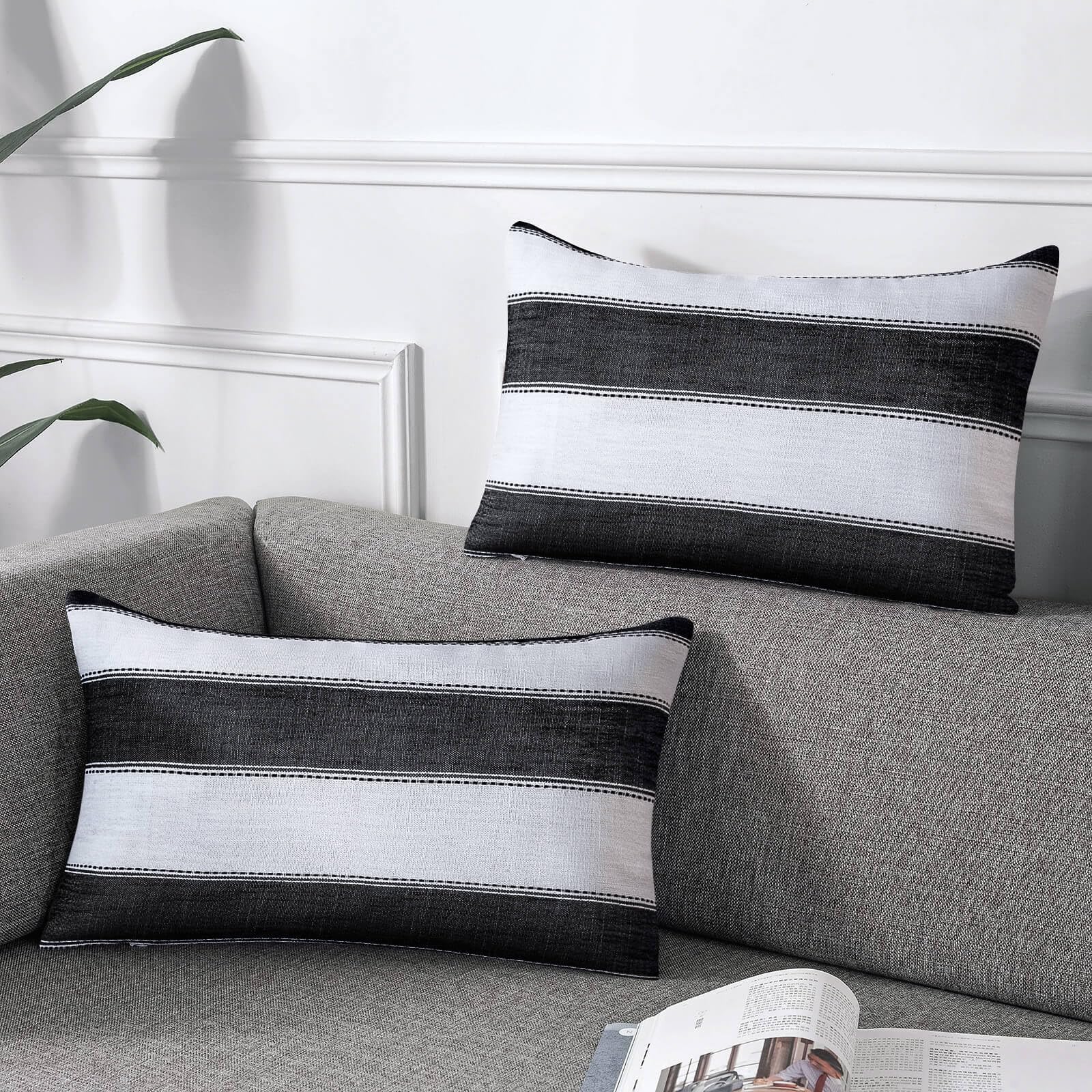 AmHoo Pack of 2 Farmhouse Stripe Check Throw Pillow Covers Set Case Cotton Linen Decorative Pillowcases Cushion Cover for Couch Bench Sofa 20x20 Inch Sage Green