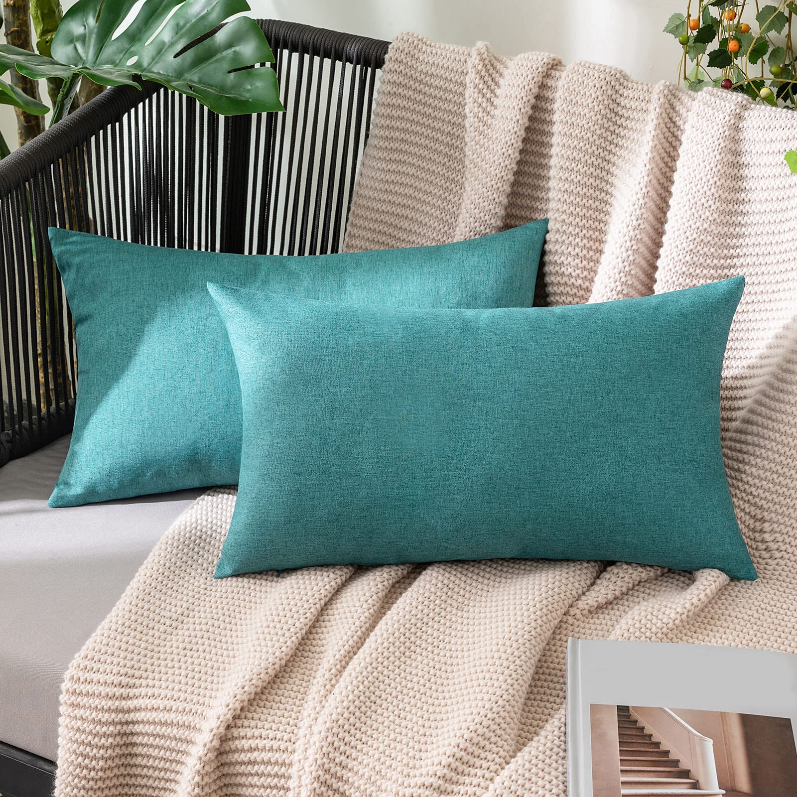 MIULEE Pack of 2 Decorative Outdoor Solid Waterproof Throw Pillow Covers Faux Linen Garden Farmhouse Cushion Cases for Patio Tent Balcony Couch Sofa 18x18 Inch Beige