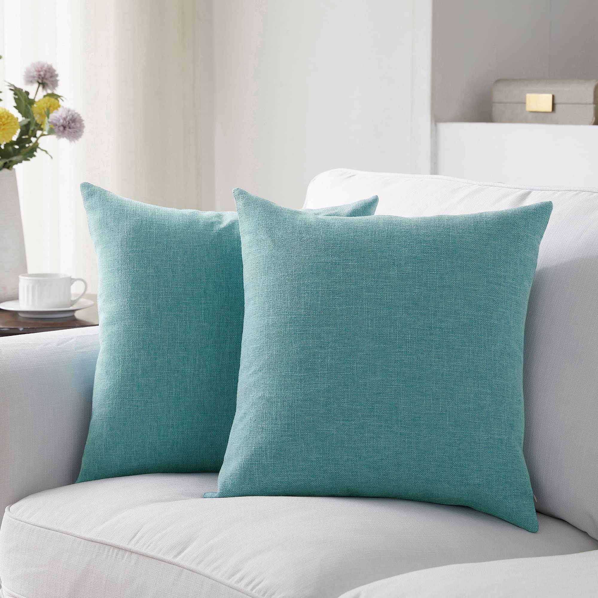 Meekio Set of 2 Ivory Throw Pillow Covers 18x18, Modern Farmhouse Linen Blend Decorative Pillow Covers for Couch Sofa Bed, Neutral Home Decor