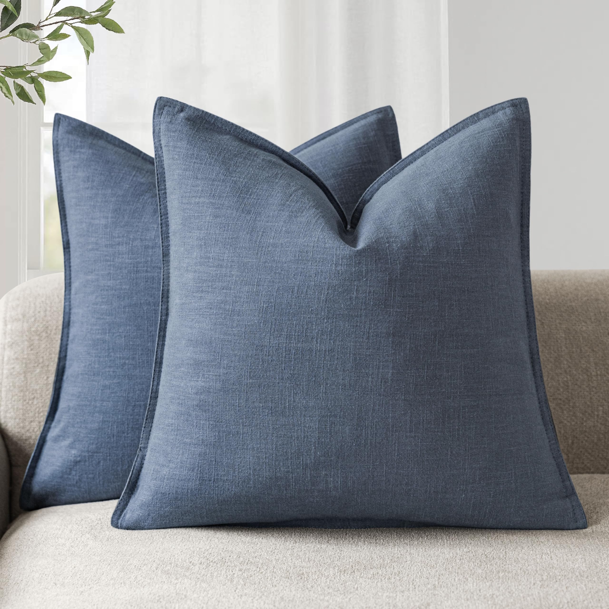 Foindtower Pack of 2, Decorative Linen Soild Throw Pillow Covers Soft Accent Cushion Case Boho Farmhouse Neutral Pillowcase for Couch Sofa Bedroom Living Room Home Decor 18 x 18 Inch Natural Beige