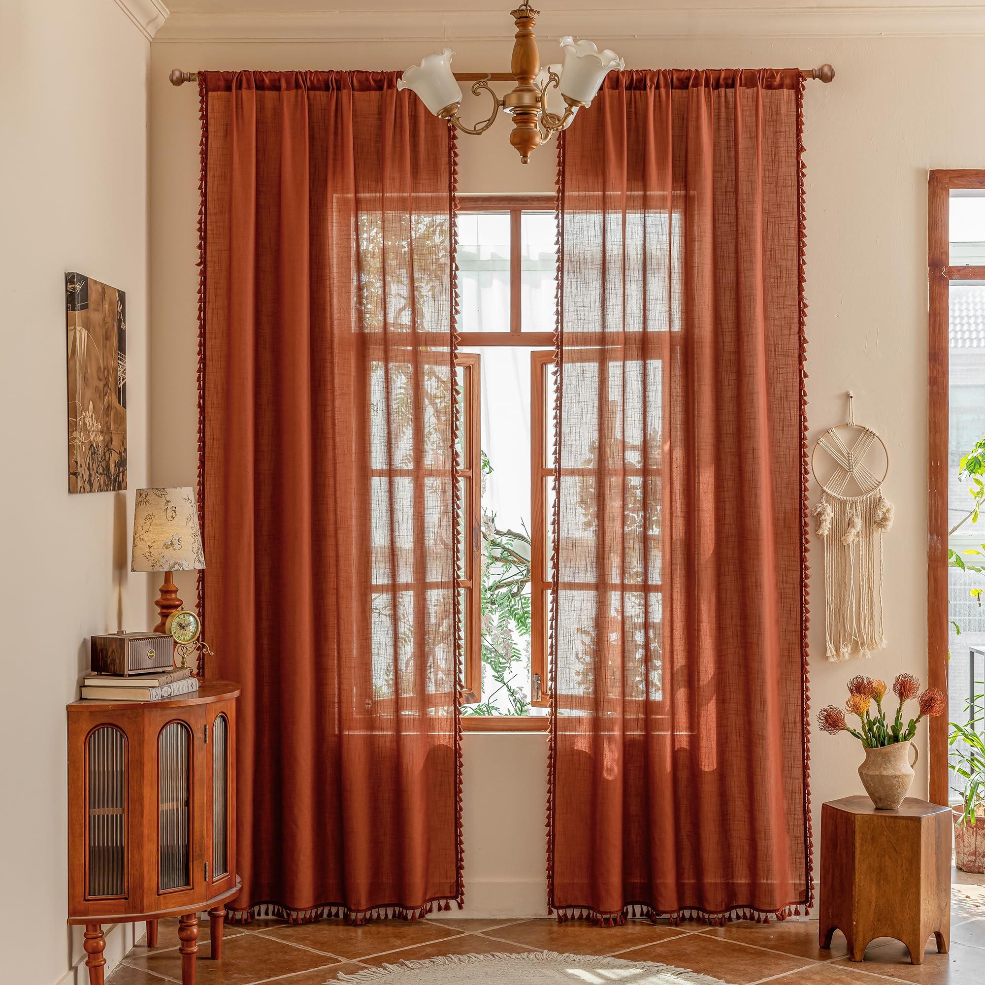 MYSKY HOME Linen Curtains for Living Room, Natural Semi Sheer Curtains & Drapes 84 inches Length 2 Panels Set Farmhouse Country Boho Style Back Tab Draperies for Sliding Glass Door, 50" Wide, Linen