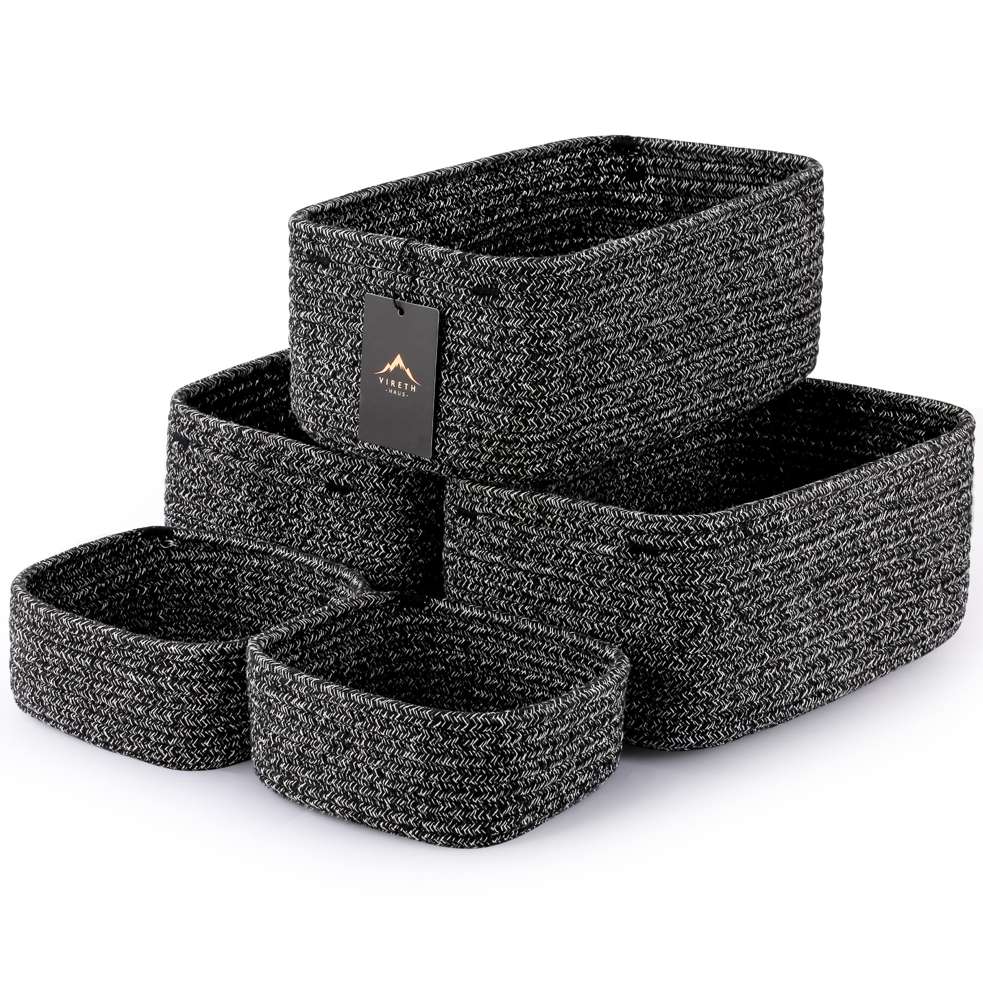 5-Pack Small Woven Rope Storage Baskets – 2 Sizes Organizer Bins for Closet, Shelf, Bookshelf, Nursery, Changing Table, Fabric Cube Boxes, Rectangular Shallow Bins for Bathroom, Toy & Home