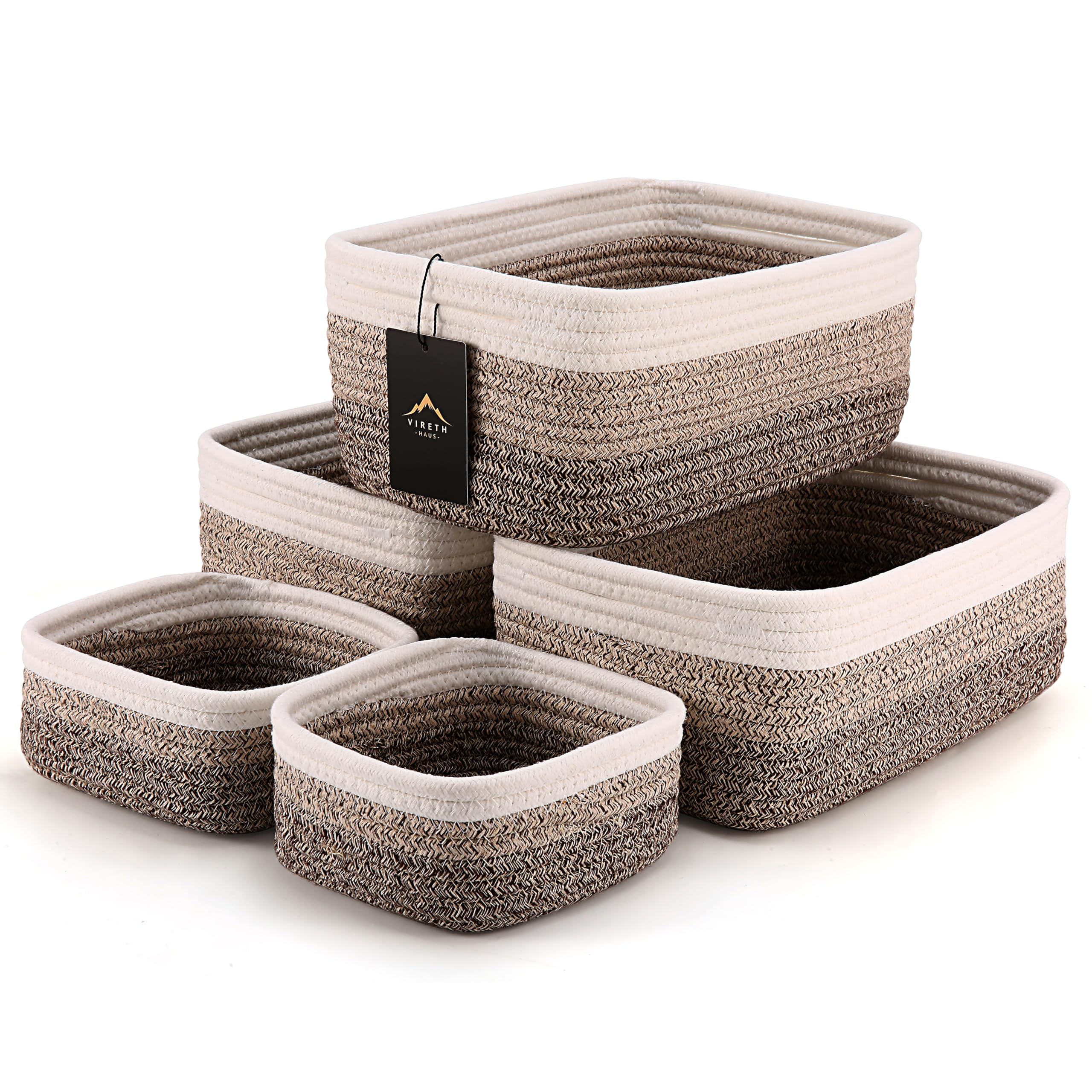 5-Pack Small Woven Rope Storage Baskets – 2 Sizes Organizer Bins for Closet, Shelf, Bookshelf, Nursery, Changing Table, Fabric Cube Boxes, Rectangular Shallow Bins for Bathroom, Toy & Home