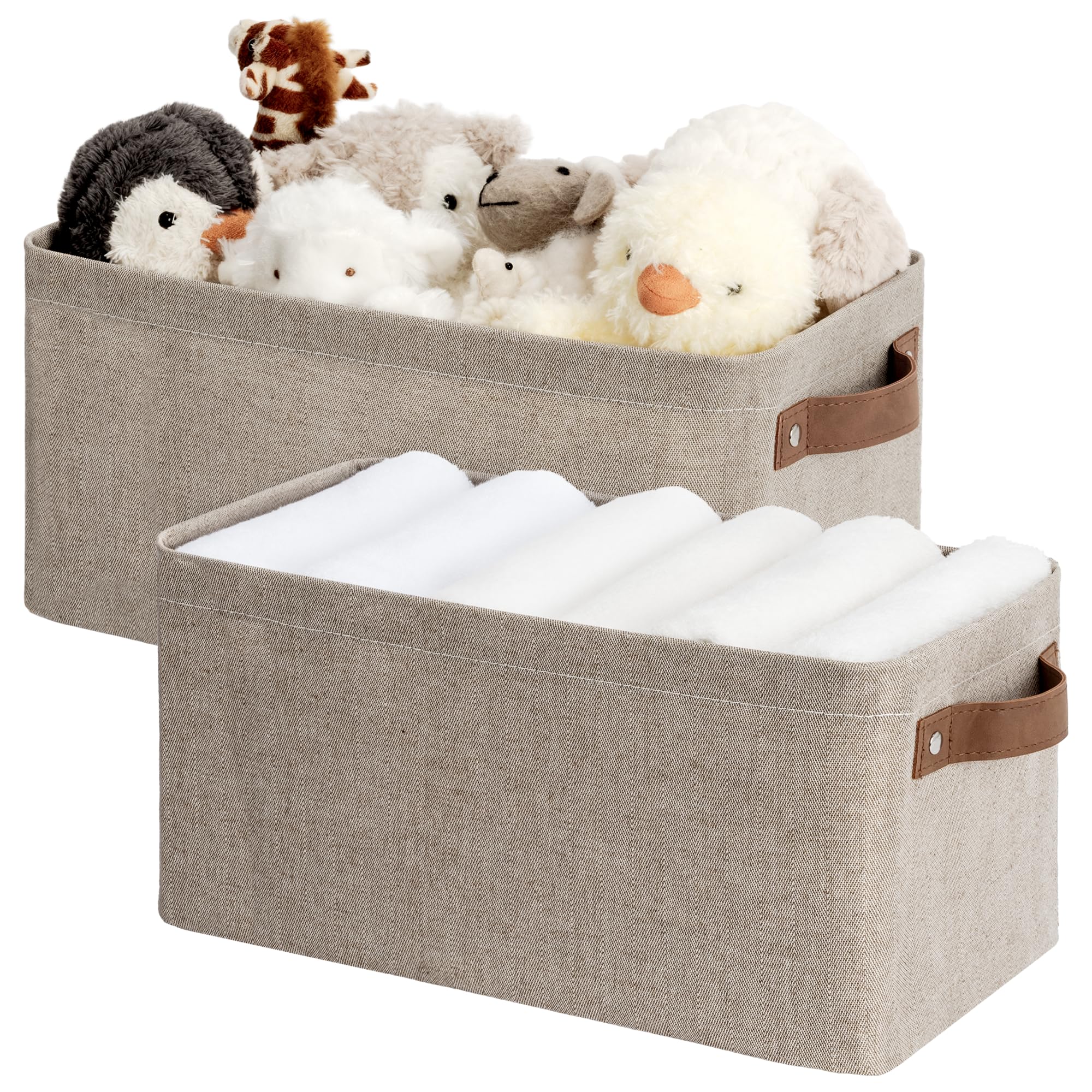 StorageWorks Narrow Storage Bins, Small Basket for Closet and Shelves, Fabric Organizer with Handles, Toilet Paper Storage, Khaki and Beige Stripes, 2-Pack