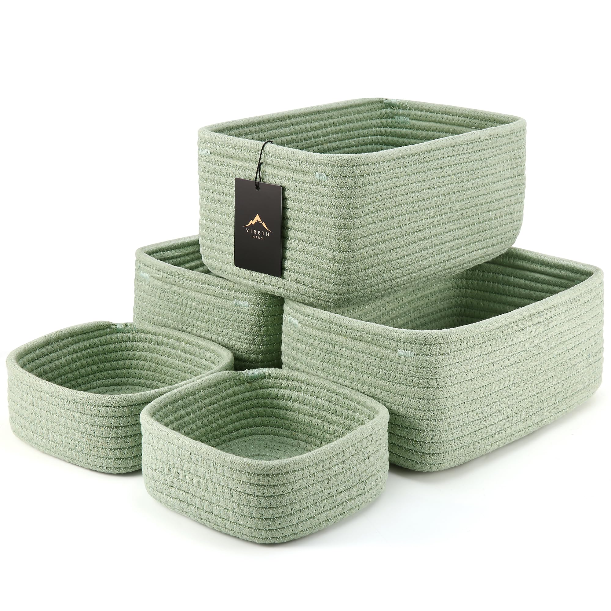 5-Pack Small Woven Rope Storage Baskets – 2 Sizes Organizer Bins for Closet, Shelf, Bookshelf, Nursery, Changing Table, Fabric Cube Boxes, Rectangular Shallow Bins for Bathroom, Toy & Home