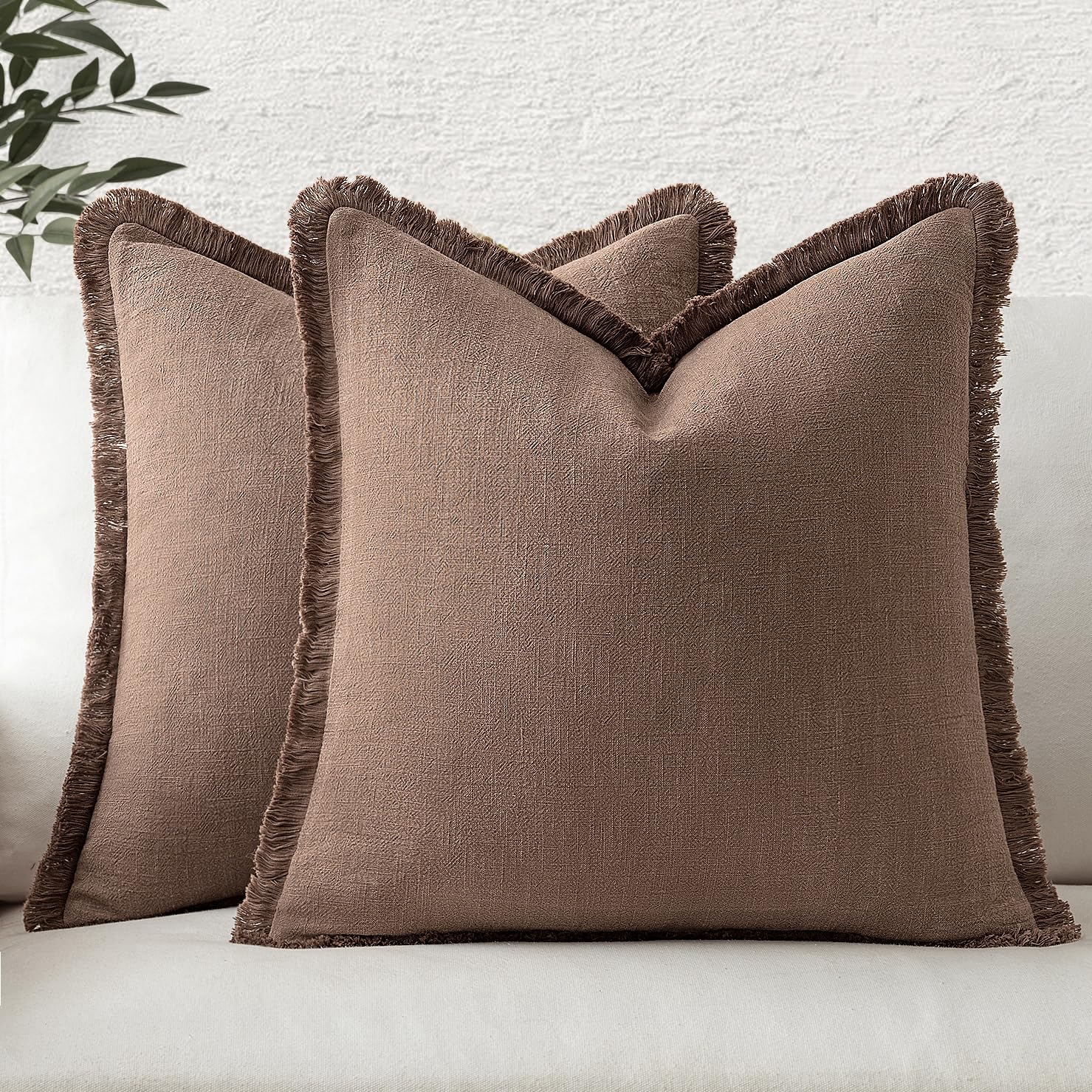 MIULEE Decorative Throw Pillow Covers Neutral Linen Fringe Throw Pillows Set of 2 Natural Beige Boho Farmhouse Cushion Cases with Tassels for Couch Sofa Bed Living Room Spring Decor 18x18 Inch