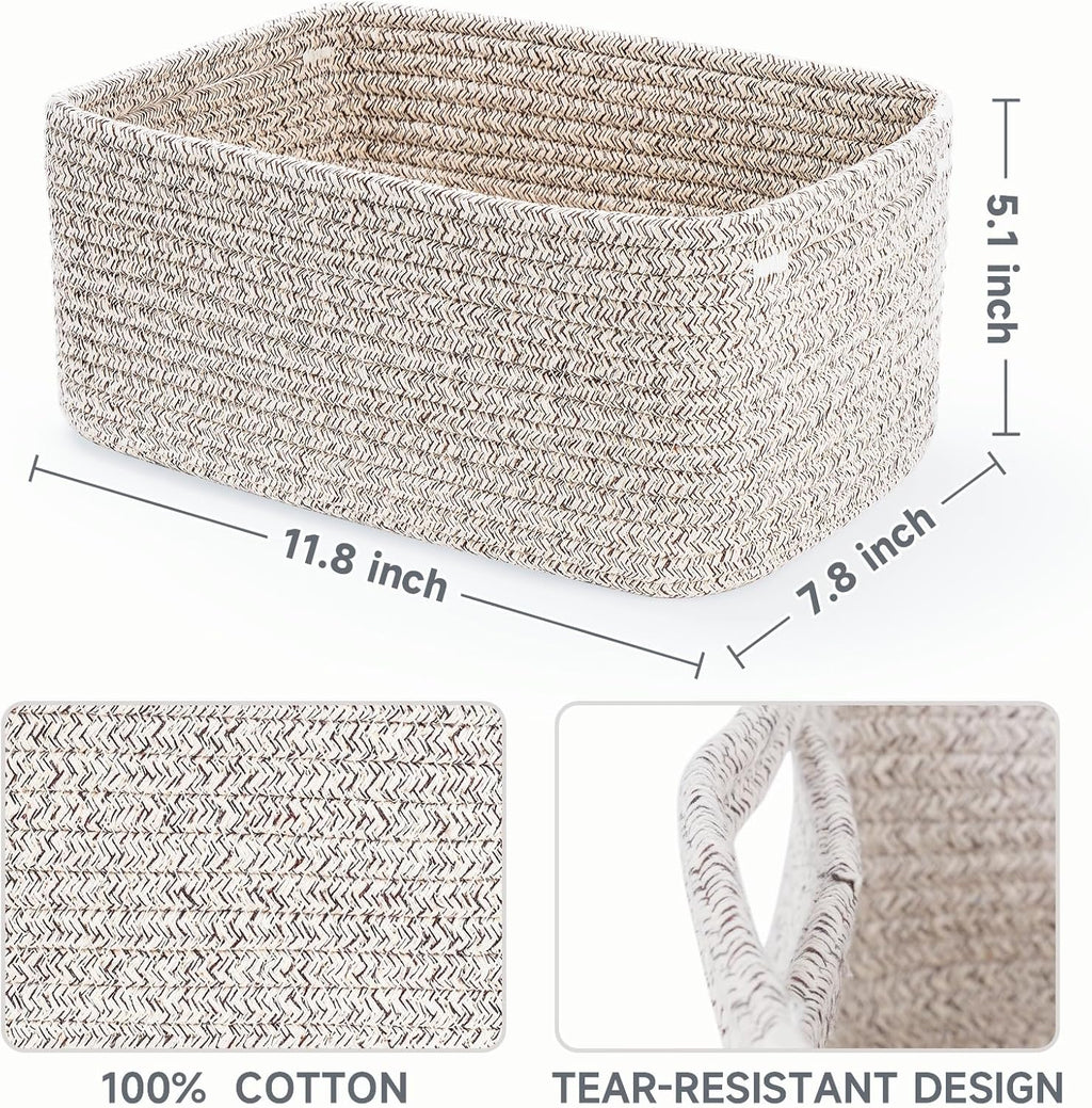 3-Pack Small Storage Baskets for Organizing | Woven Shelf Toy Basket | Rope Baskets for Gifts Empty | Closet Organizer Bins with Handles | Cube Decorative Box | 11.8×7.8×5.1” | Mixed brown
