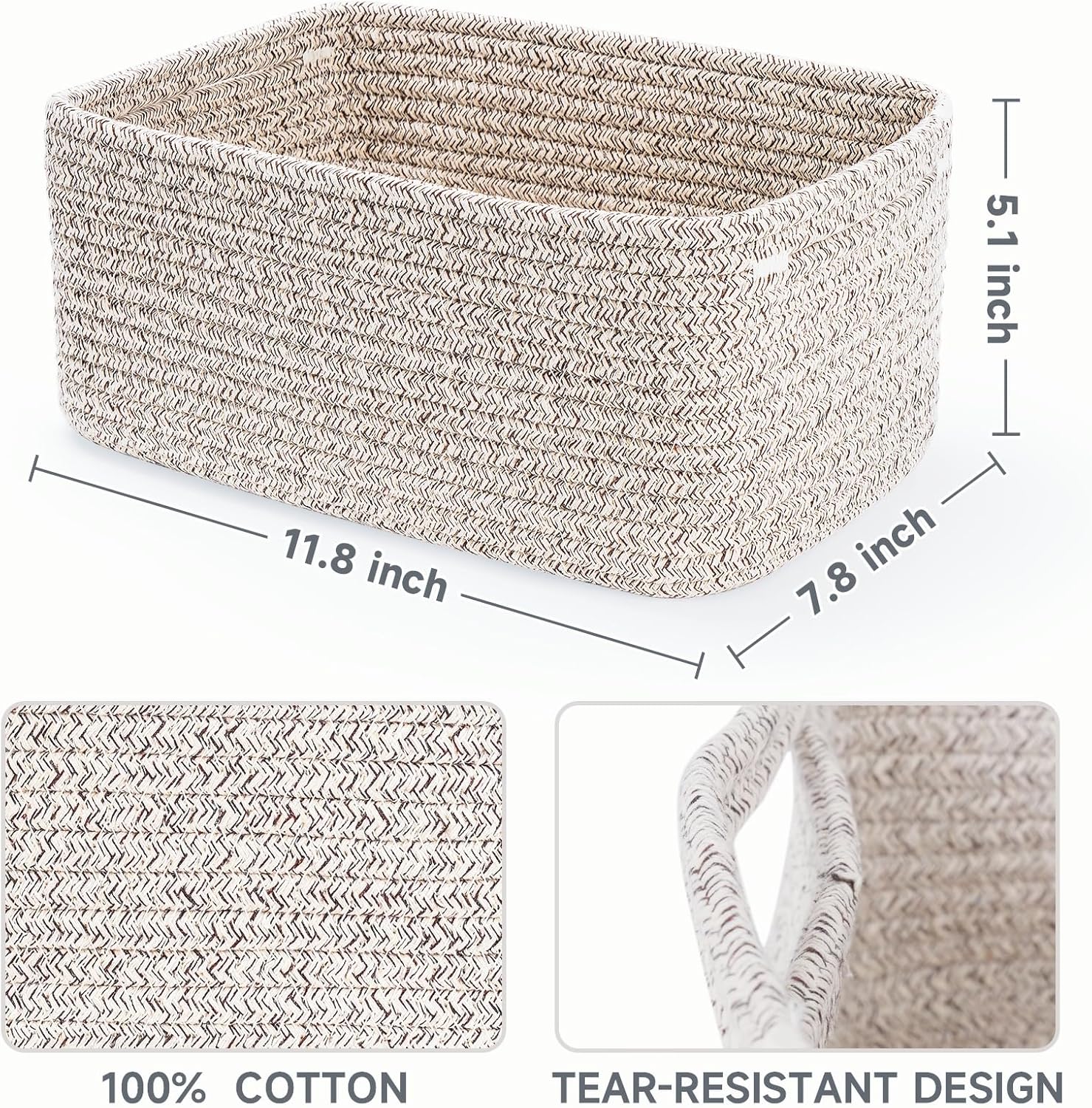 3-Pack Small Storage Baskets for Organizing | Woven Shelf Toy Basket | Rope Baskets for Gifts Empty | Closet Organizer Bins with Handles | Cube Decorative Box | 11.8×7.8×5.1” | Mixed brown