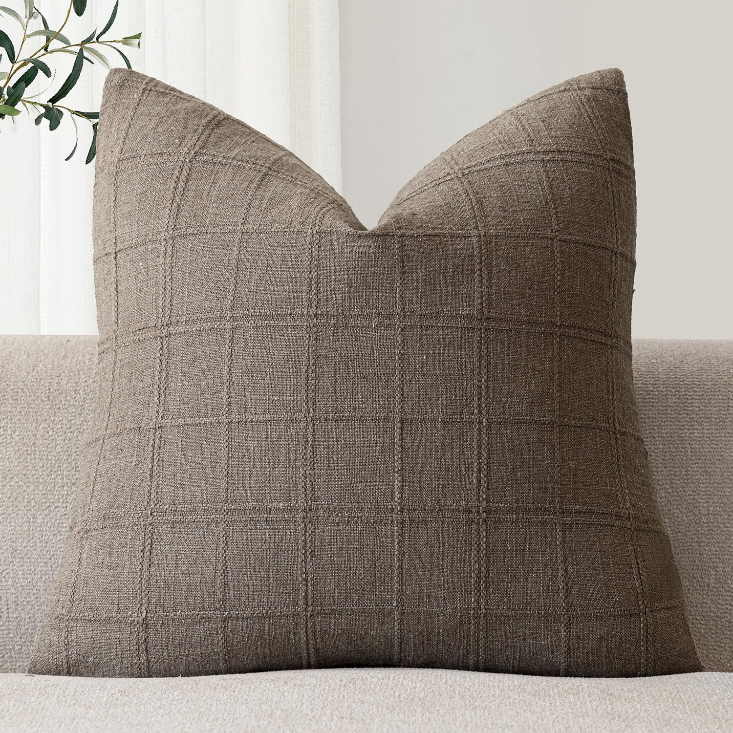 Foindtower Set of 1 Decorative Linen Check Throw Pillow Cover Neutral Farmhouse Lumbar Cushion Cover Modern Boho Home Decor for Sofa Chair Couch Bedroom Living Room,12×20 Inch,Natural Beige