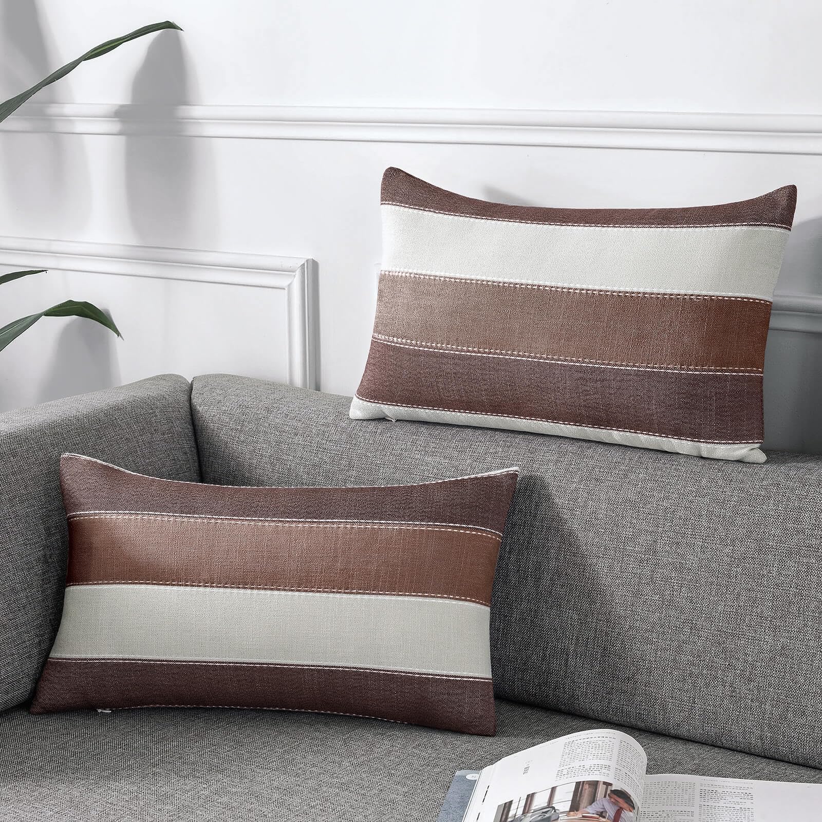 AmHoo Pack of 2 Farmhouse Stripe Check Throw Pillow Covers Set Case Cotton Linen Decorative Pillowcases Cushion Cover for Couch Bench Sofa 20x20 Inch Sage Green