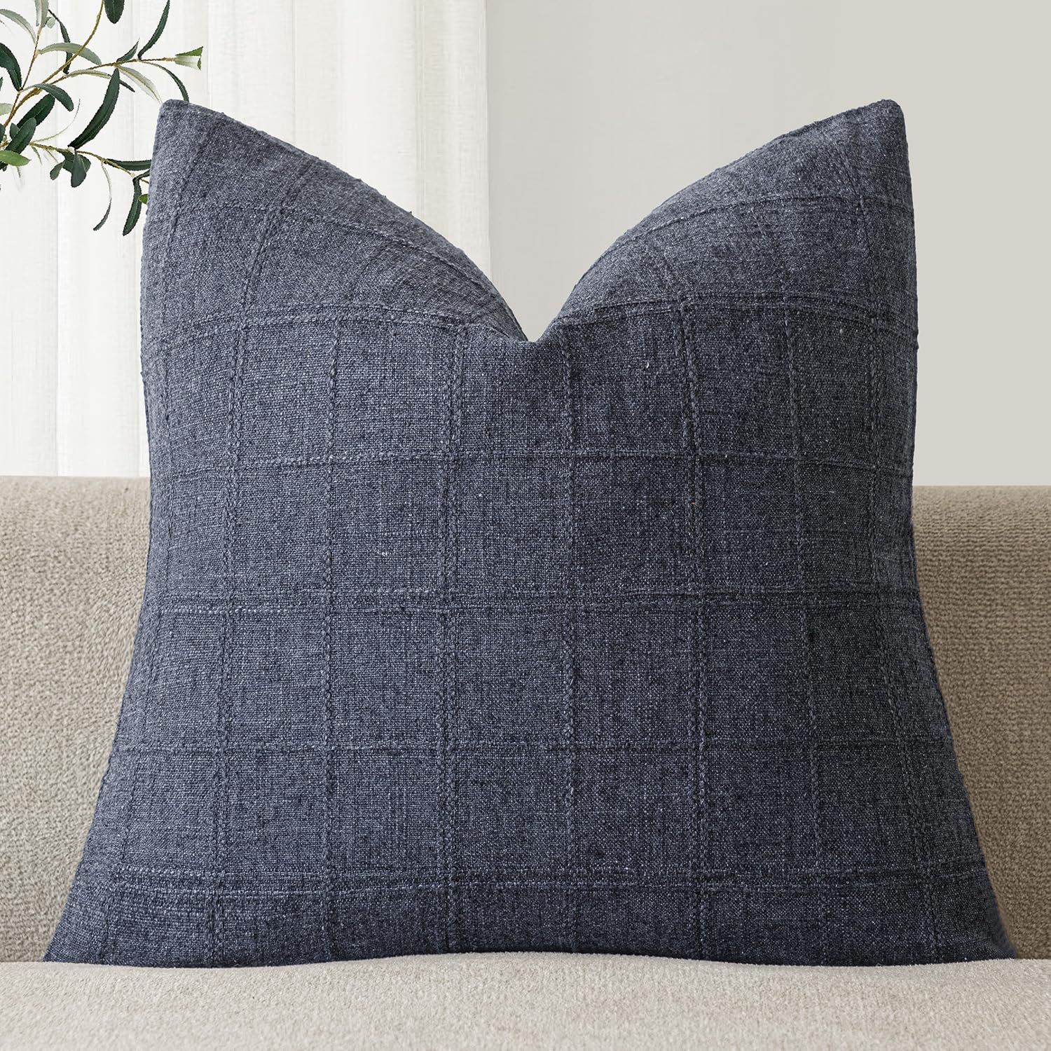 Foindtower Set of 1 Decorative Linen Check Throw Pillow Cover Neutral Farmhouse Lumbar Cushion Cover Modern Boho Home Decor for Sofa Chair Couch Bedroom Living Room,12×20 Inch,Natural Beige