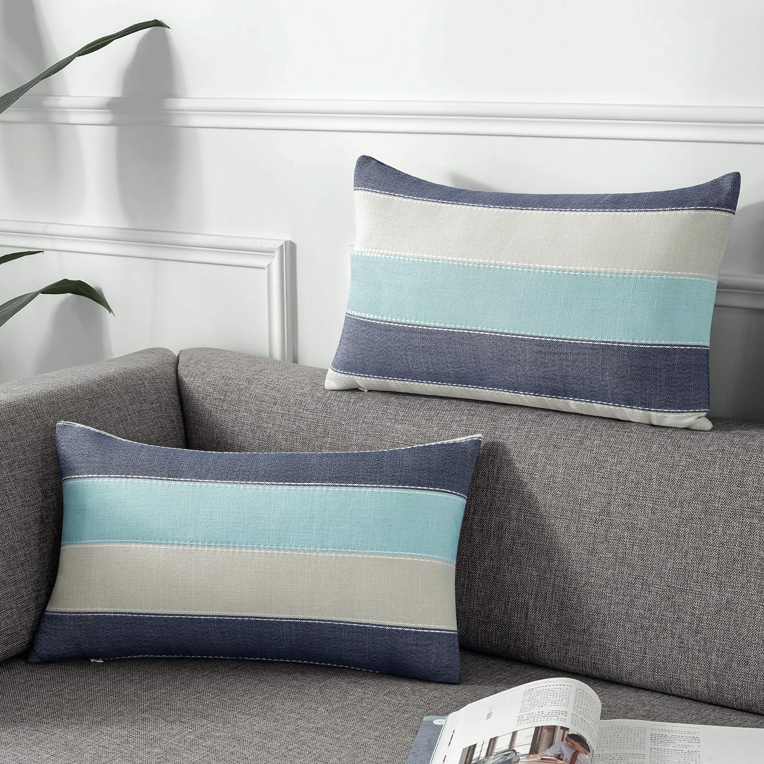 AmHoo Pack of 2 Farmhouse Stripe Check Throw Pillow Covers Set Case Cotton Linen Decorative Pillowcases Cushion Cover for Couch Bench Sofa 20x20 Inch Sage Green