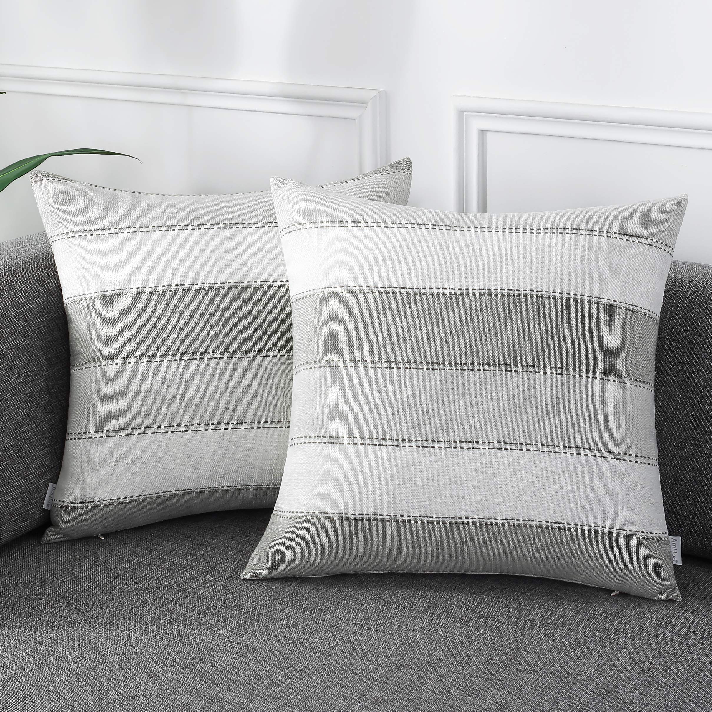 AmHoo Pack of 2 Farmhouse Stripe Check Throw Pillow Covers Set Case Cotton Linen Decorative Pillowcases Cushion Cover for Couch Bench Sofa 20x20 Inch Sage Green