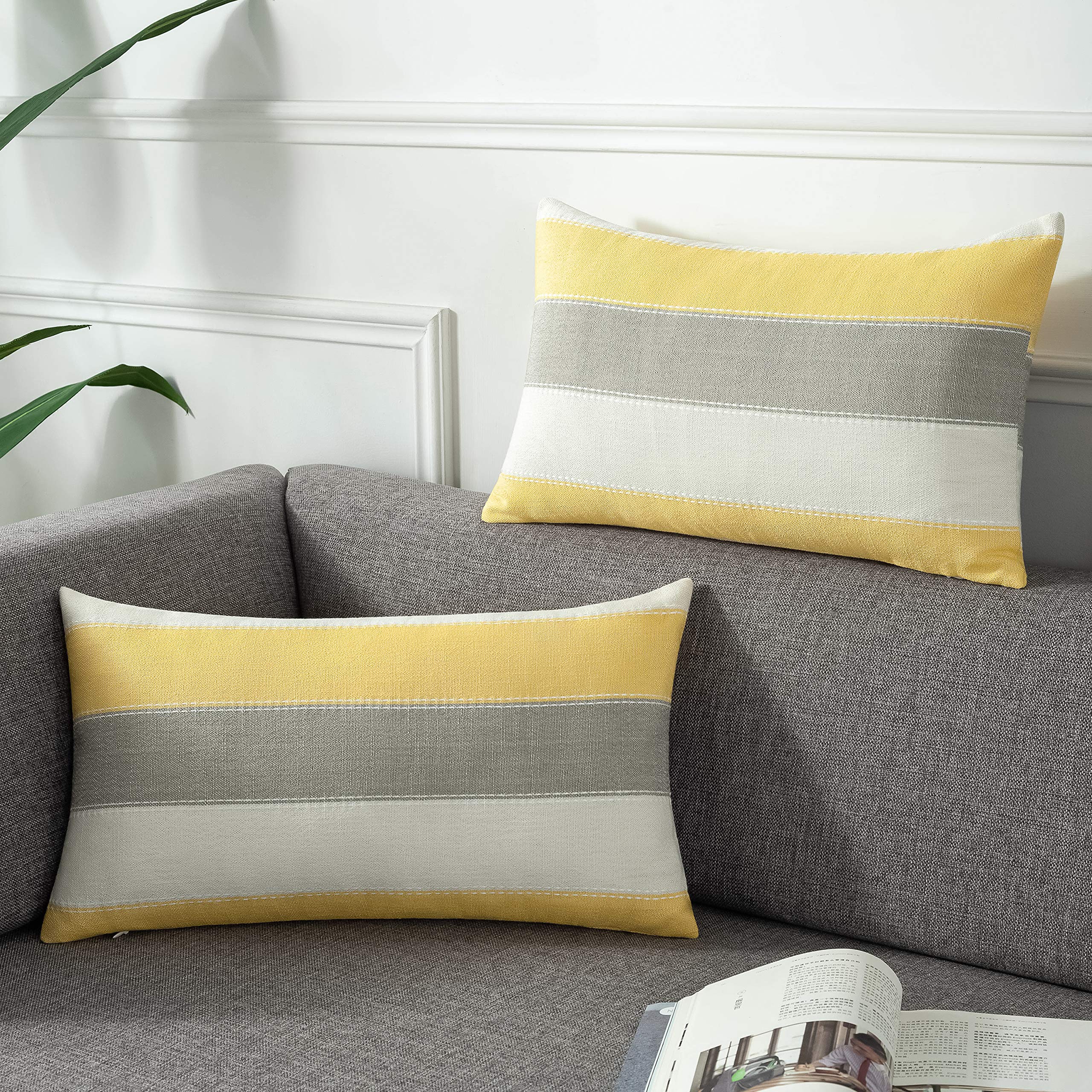 AmHoo Pack of 2 Farmhouse Stripe Check Throw Pillow Covers Set Case Cotton Linen Decorative Pillowcases Cushion Cover for Couch Bench Sofa 20x20 Inch Sage Green